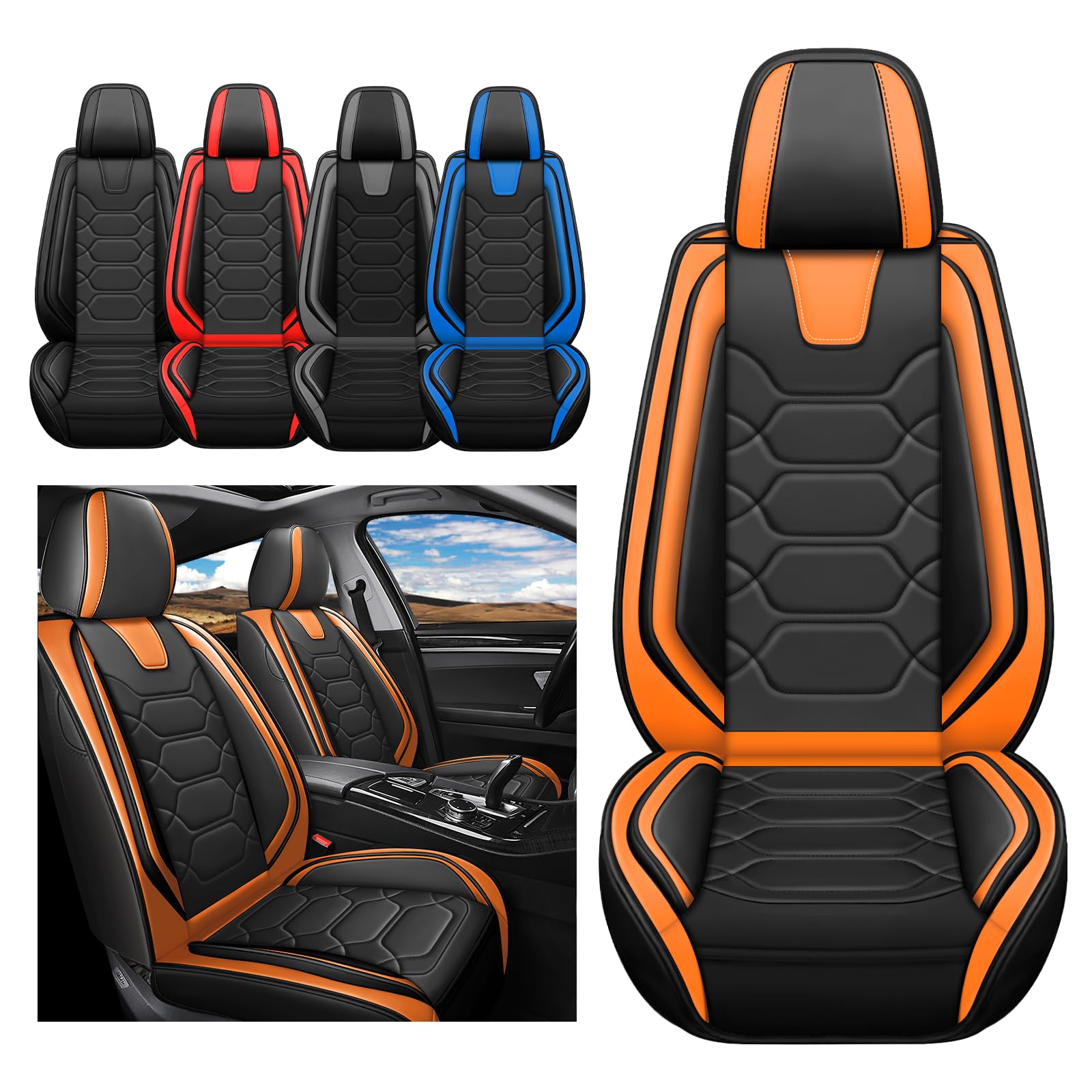 Premium Waterproof Faux Leather Car Seat Covers for Chrysler 300 (2005-2023) - Custom Front Pair Sports Seat Covers in Black & Orange - Perfect for Daily Commutes, Road Trips & Car Protection