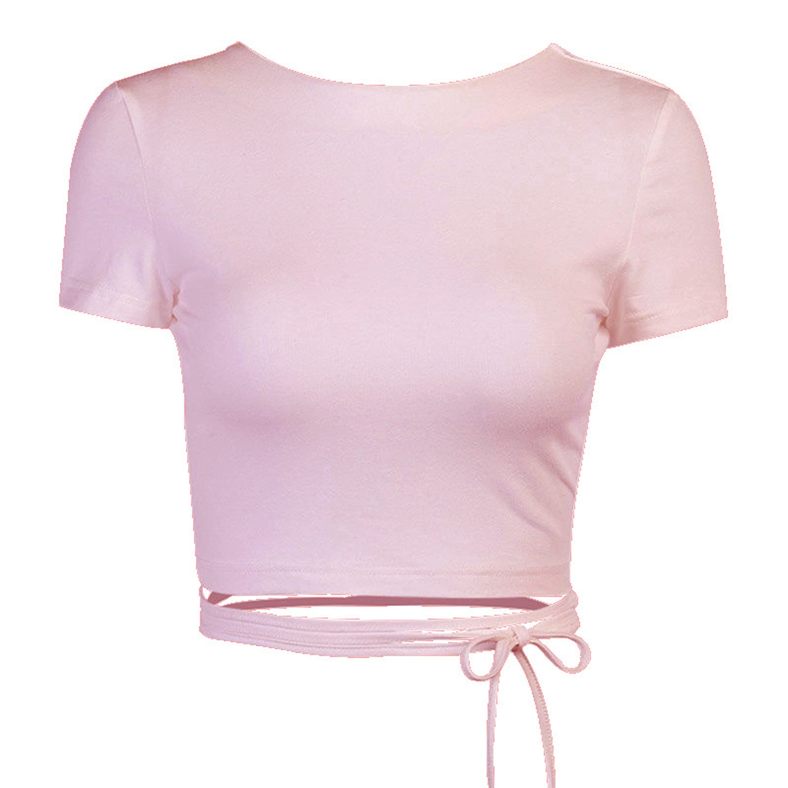 Women's Short Sleeve Bandage Crop Top - Polyester Solid Color O-Neck Fashion Tank Top for Swimming, Spring & Casual Wear | Workout, Beach, Yoga, Summer Outfits