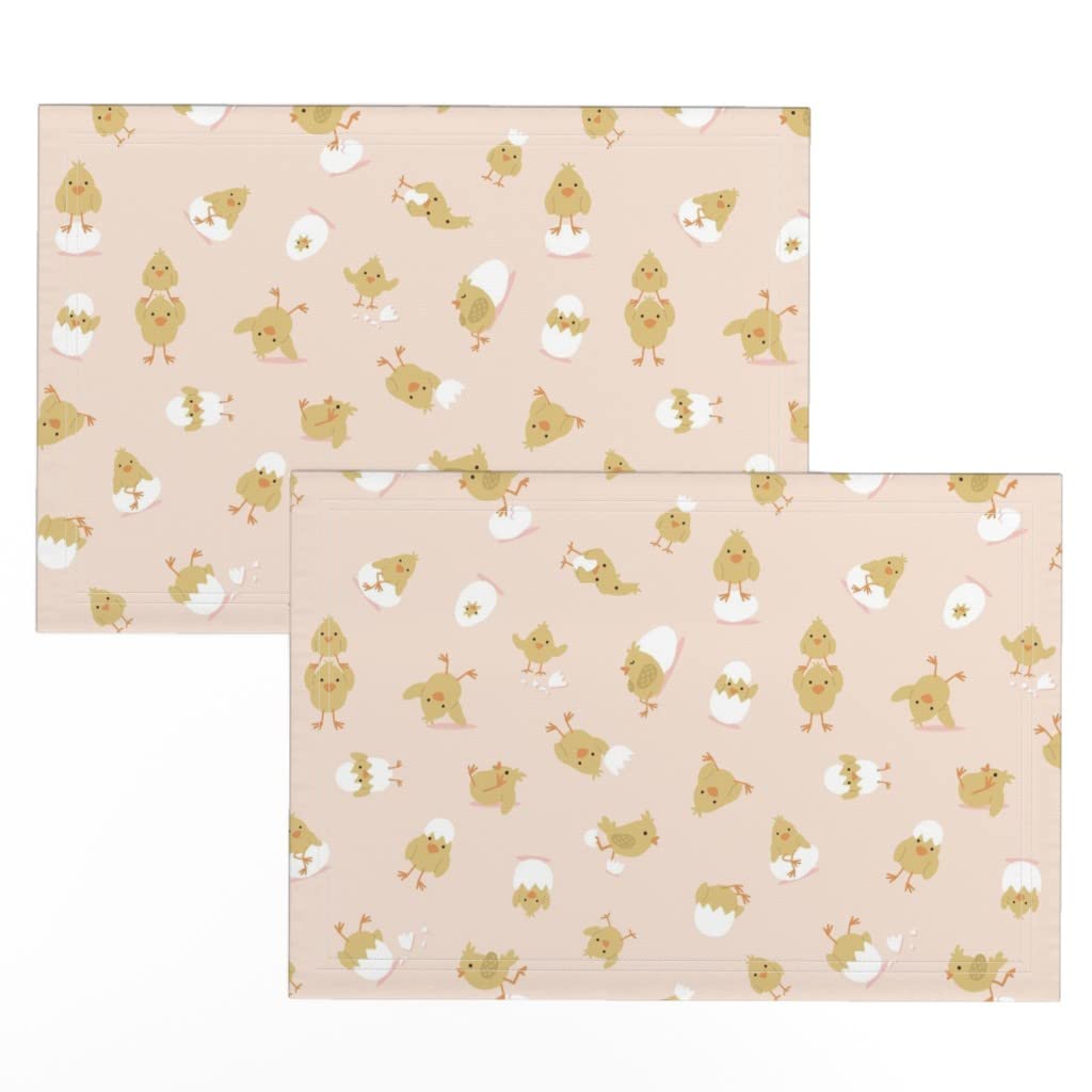 Linen Cotton Canvas Placemats Set of 2 - Easter Egg & Baby Chick Printed Table Mats for Kids, Spring Dining Decor, Funny Easter Tableware for Baby Showers & Holiday Parties