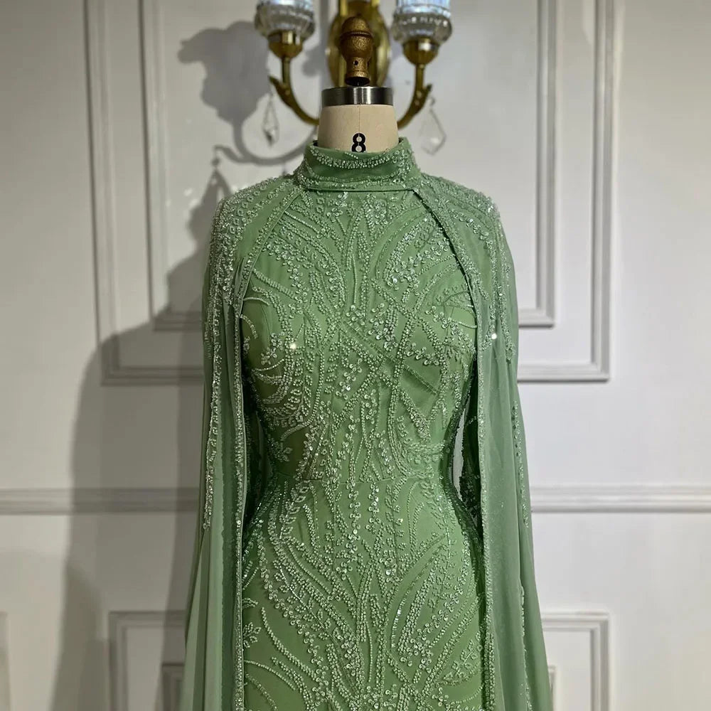 Luxury Dubai Muslim Sage Green Mermaid Cape Sleeves Beaded Satin Evening Gowns for Women - Elegant Party Dresses for Weddings, Galas & Special Occasions