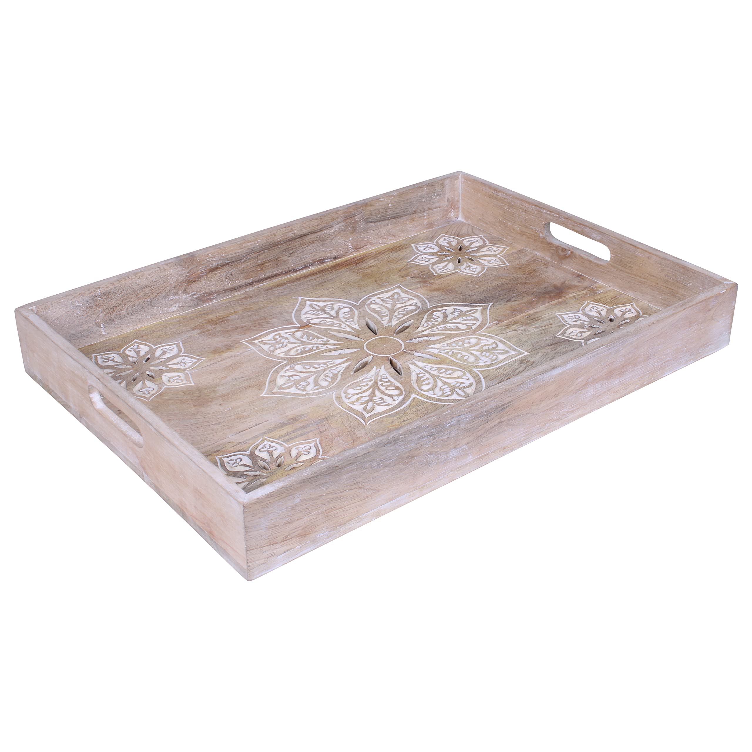 Rustic Whitewashed Mango Wood Serving Tray with Handles - Large Farmhouse Coffee Table Tray for Living Room, Ottoman, Breakfast in Bed - Decorative Wooden Tray for Home Decor, Dining, Entertaining & Gift Giving