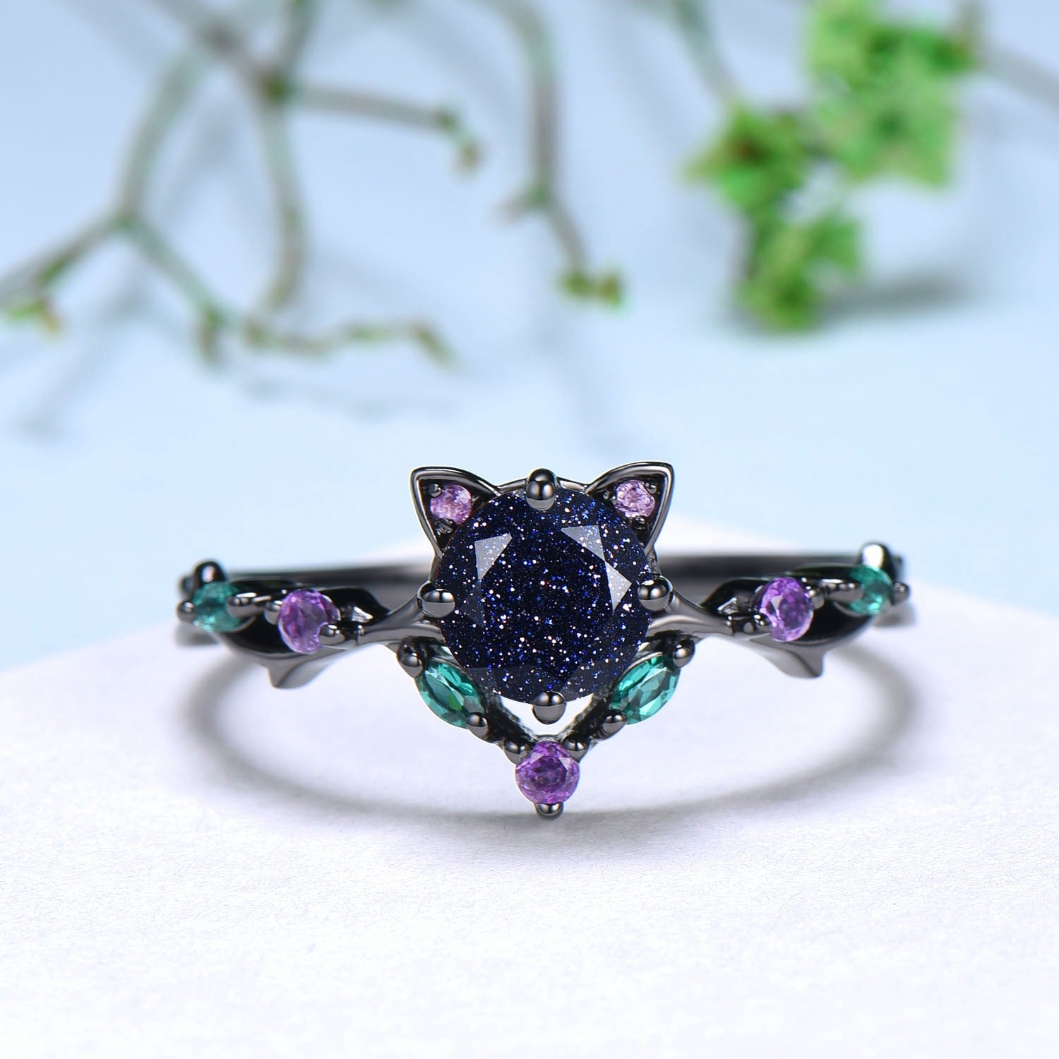 5mm Round Blue Sandstone Vintage Galaxy Starry Engagement Ring - Black Gold Cat Promise Ring with Marquise Emerald - Elegant Wedding Jewelry for Her, Perfect for Proposals, Anniversaries & Special Occasions