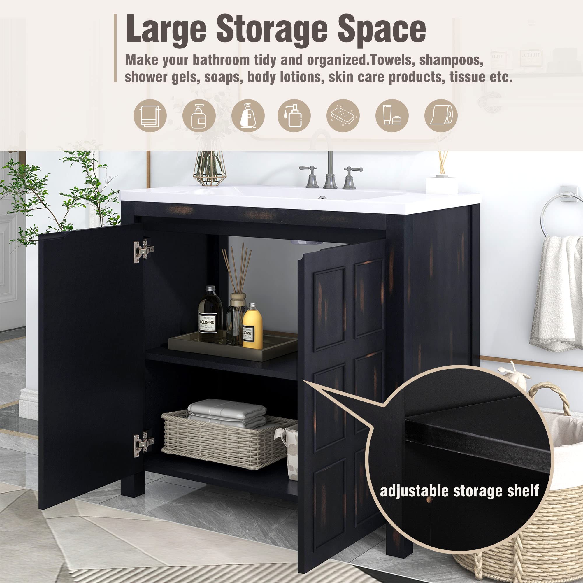 P PURLOVE 36 Inch Modern Bathroom Vanity with Sink Top Combo Set - Single Bathroom Cabinet with Adjustable Shelf, Soft Closing Doors & Wooden Finish - Perfect for Small Bathrooms, Powder Rooms & Home Renovations