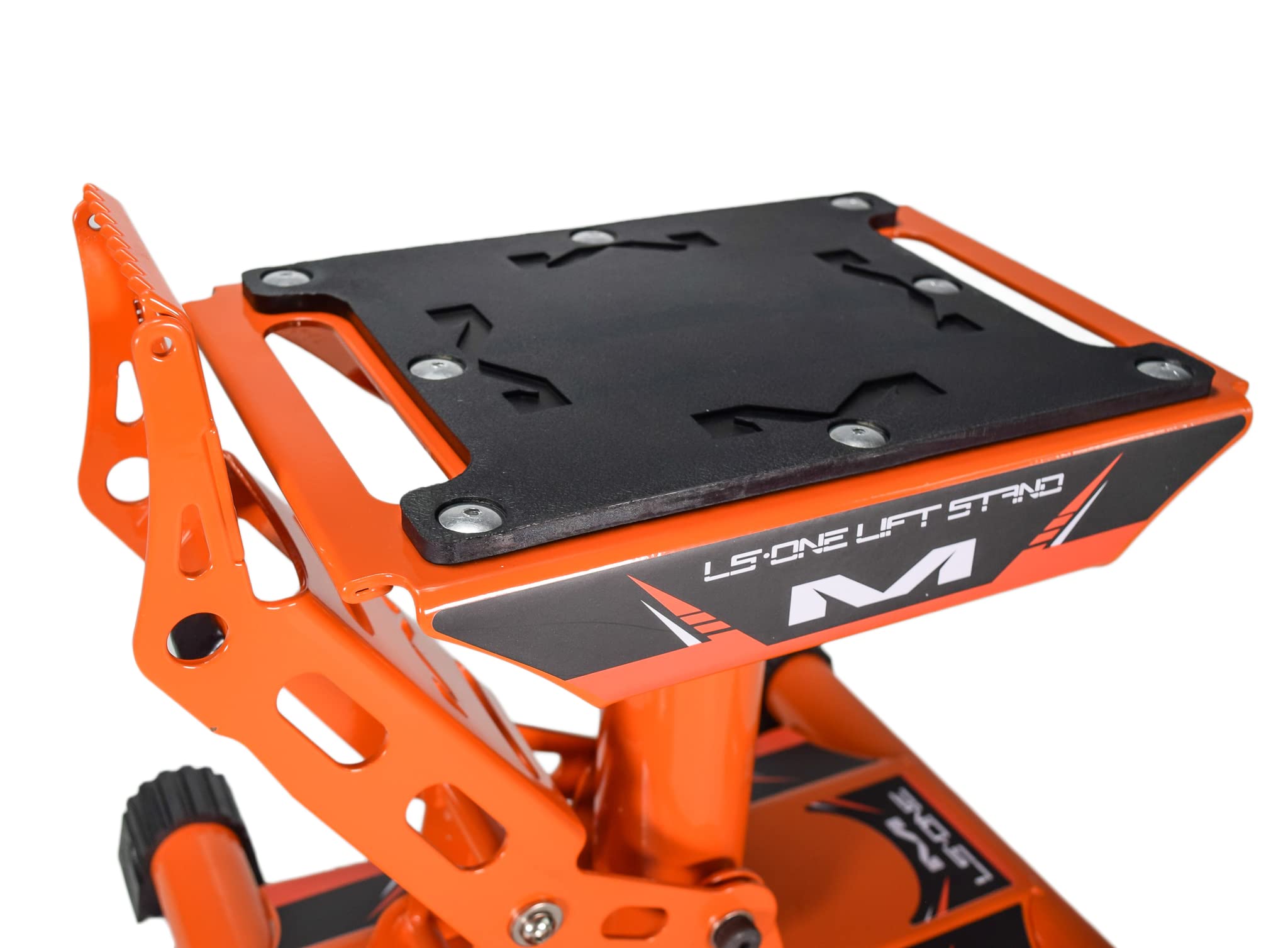 Matrix Concepts LS1 Dirt Bike Lift Stand - Heavy Duty Carbon Steel Construction, 500 lbs Weight Capacity for Motorcycles & Mini Bikes - Includes Sticker Pack (Orange) - Perfect for Garage Maintenance & Off-Road Bike Storage