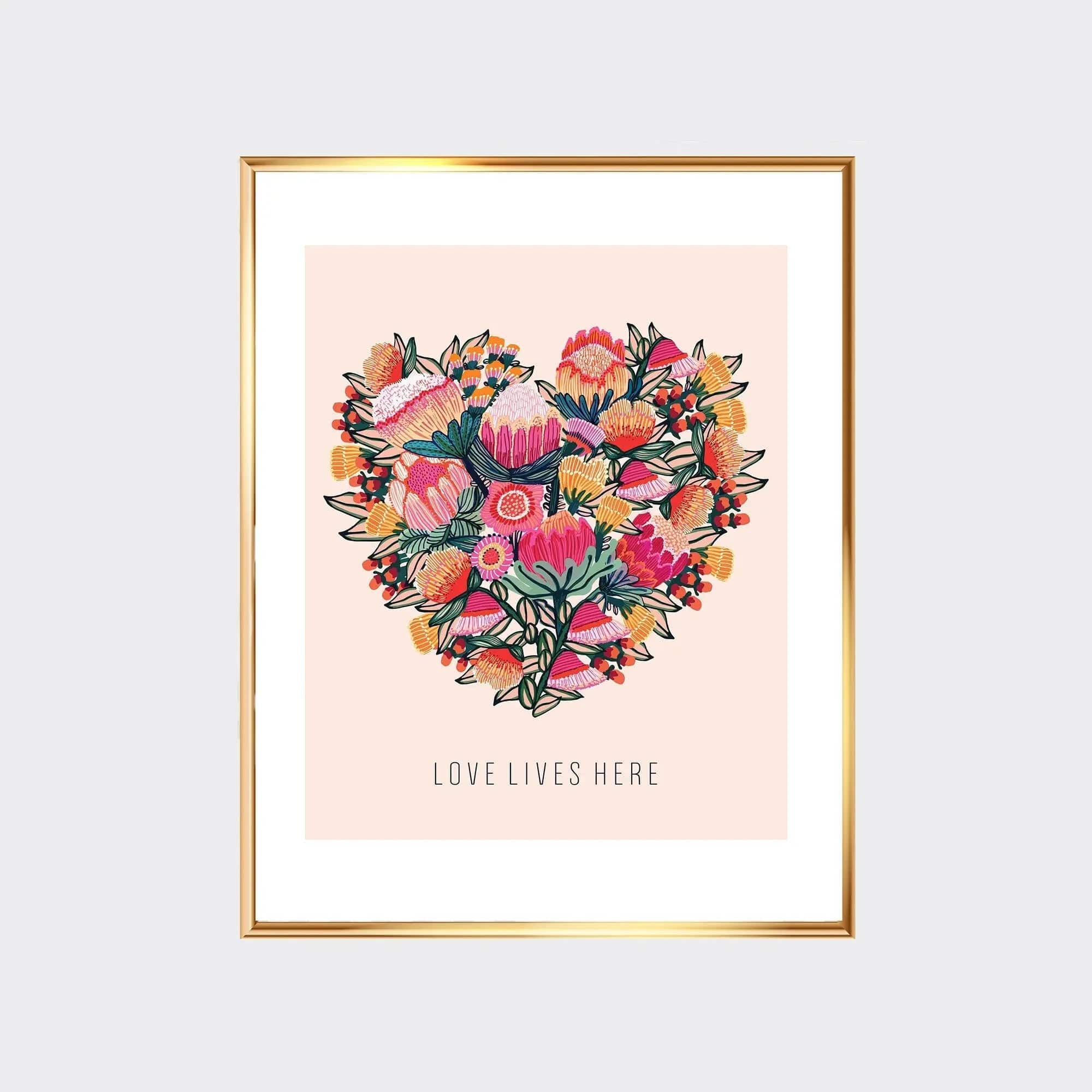 Love Lives Here Floral Heart Art Print - Beautiful Wall Decor for Home, Bedroom & Office - Perfect Gift for Valentine's Day, Wedding & Housewarming