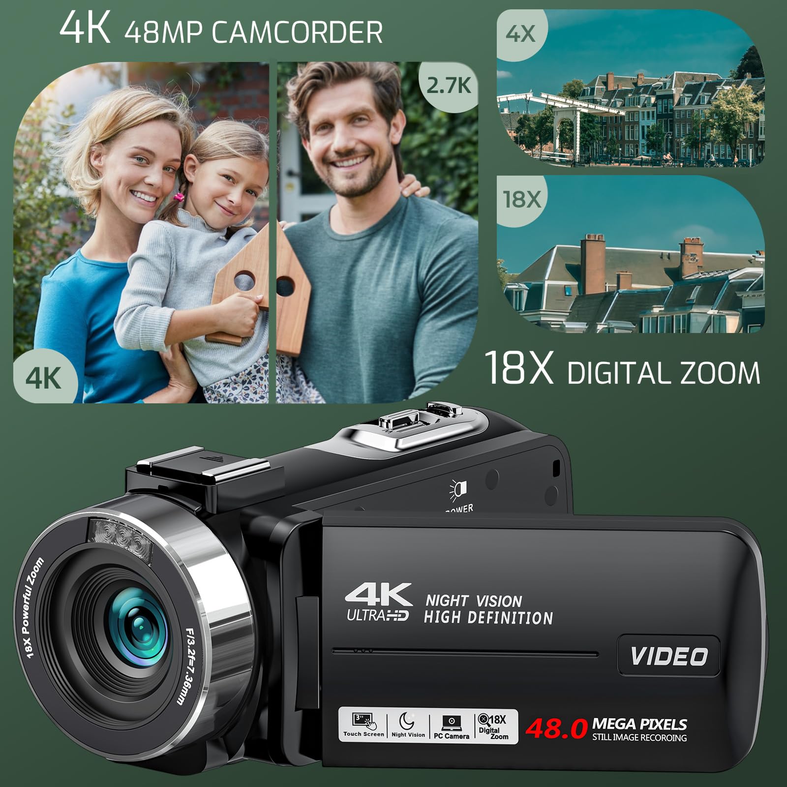 4K Video Camera Camcorder 48MP 30FPS with IR Night Vision, 18X Digital Zoom, 3.0