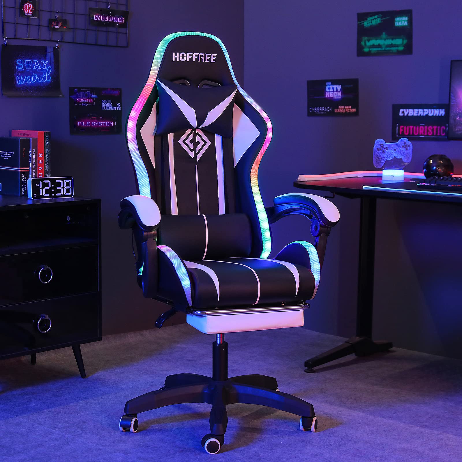 RGB Gaming Chair with LED Lights & Massage - Ergonomic High Back Computer Chair with Adjustable Lumbar Support, Footrest & Linkage Armrest - White & Black for Esports, Streaming & Home Office Setup