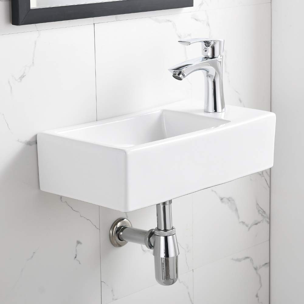 Bokaiya 18 Inch White Porcelain Corner Bathroom Sink with Faucet & Drain - Wall Mount Small Rectangle Ceramic Vanity Sink (Right Hand) - Perfect for Small Bathrooms, Powder Rooms & Space-Saving Designs