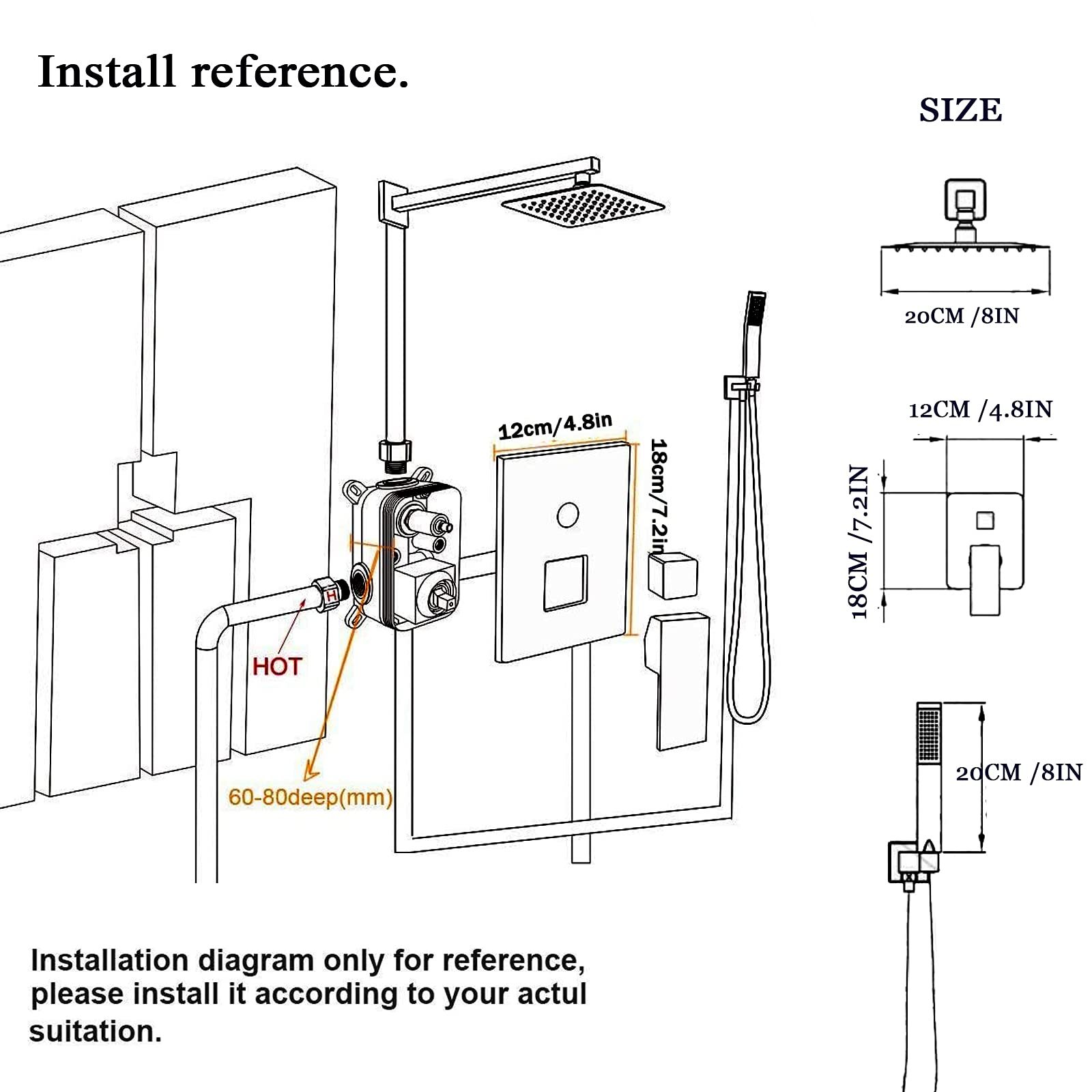 Suguword Black Matte 8 Inch LED Rainfall Shower System - 2 Function Wall Mount Shower Faucet with Hand Sprayer & Diverter Valve Kit | Perfect for Modern Bathroom Renovation & Spa-Like Shower Experience