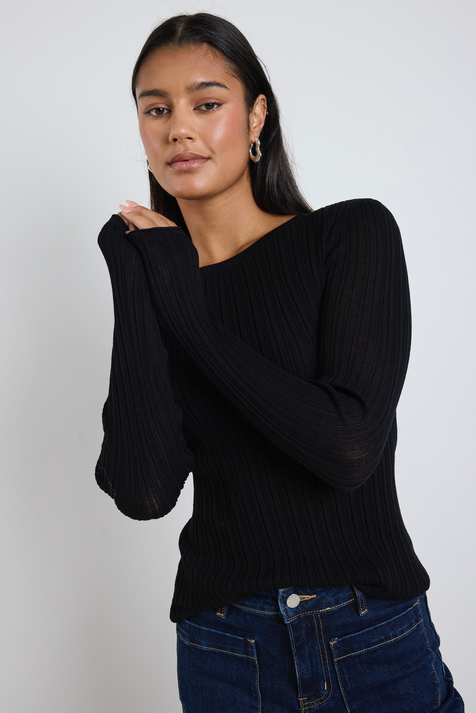 Fragment Black Sheer Long Sleeve Knit Top for Women - Elegant Lace Detail Casual Wear for Date Night & Evening Outfits