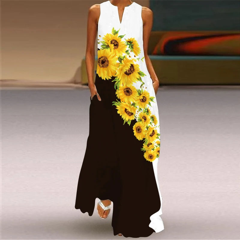 Stylish Women's Floral Print Hollow V-Neck Maxi Dress - Sleeveless Loose Fit Summer Beach Dress for Vacation, Seaside Outings & Boho Chic Occasions