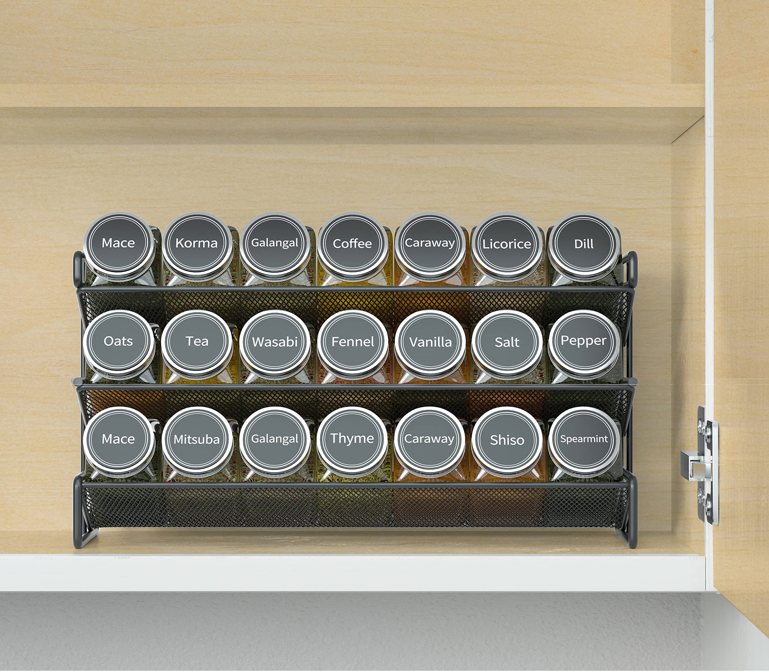 SpaceAid 21-Jar Spice Rack Organizer Set with 386 Spice Labels, Chalk Marker & Funnel - Wall/Cabinet Mount for Kitchen, Pantry, Countertop Storage (13.4