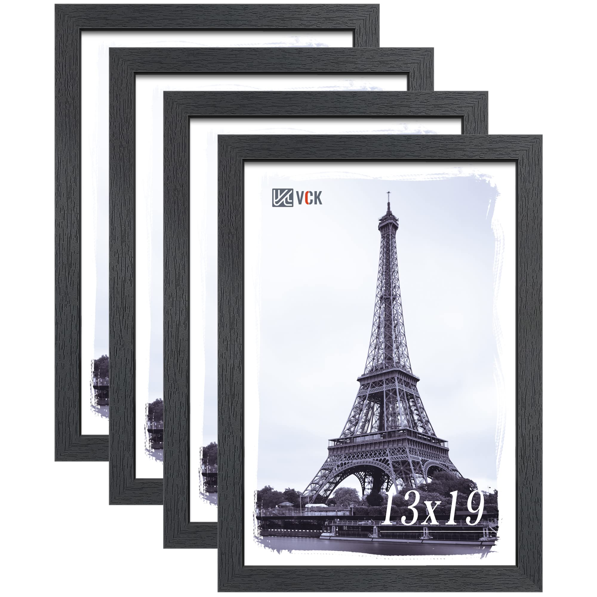 VCK 13x19 Black Solid Wood Poster Frame 4 Pack with Polished Plexiglass - Wall Mount Picture Frames for Home Decor, Office Art Display & Photo Gallery