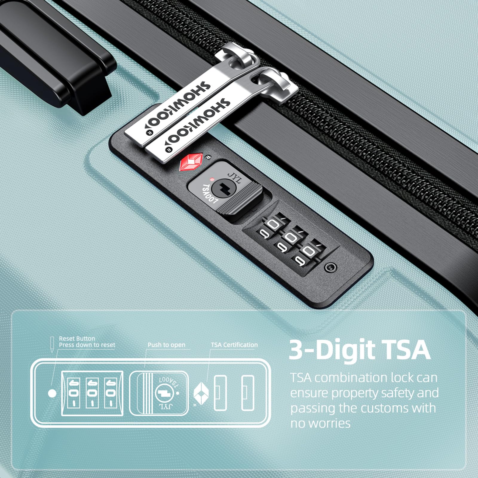 Expandable SHOWKOO Luggage Set - Durable PC+ABS Suitcase with Double Wheels & TSA Lock in Mint Green - Perfect for Air Travel, Business Trips & Vacation Packing