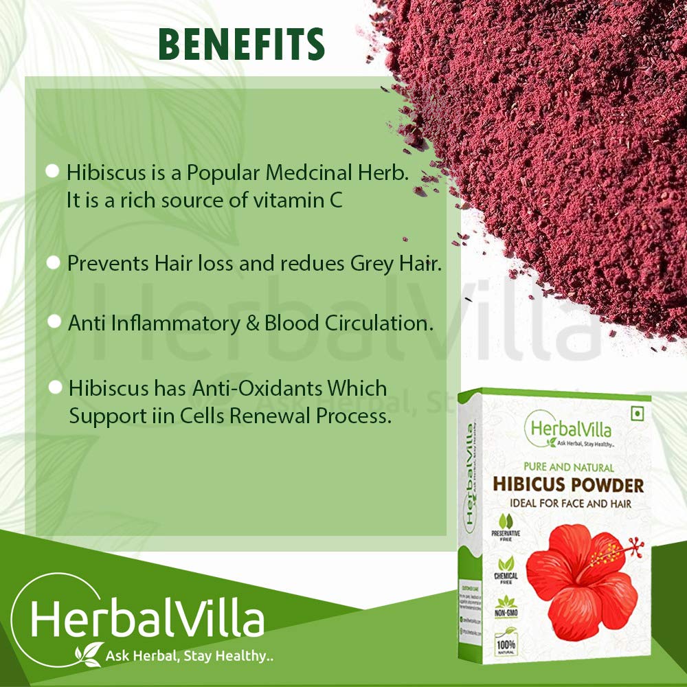 Herbalvilla Hibiscus Powder for Hair Growth & Skin Care - 200g | Natural Hair & Face Mask for Thicker Hair & Glowing Skin | DIY Beauty Treatment for Hair Loss & Anti-Aging
