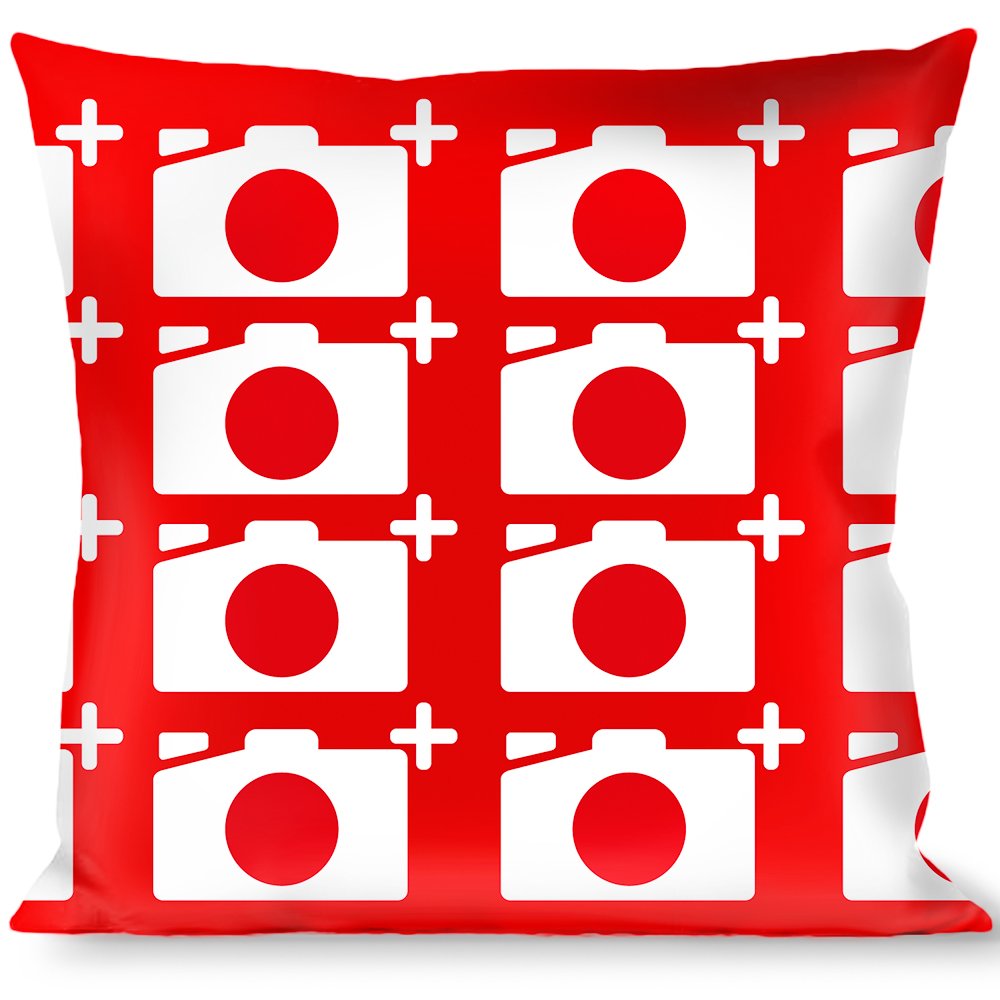 Red and White Decorative Throw Pillow with Camera Print - Soft Accent Cushion for Sofa, Bed, or Home Decor