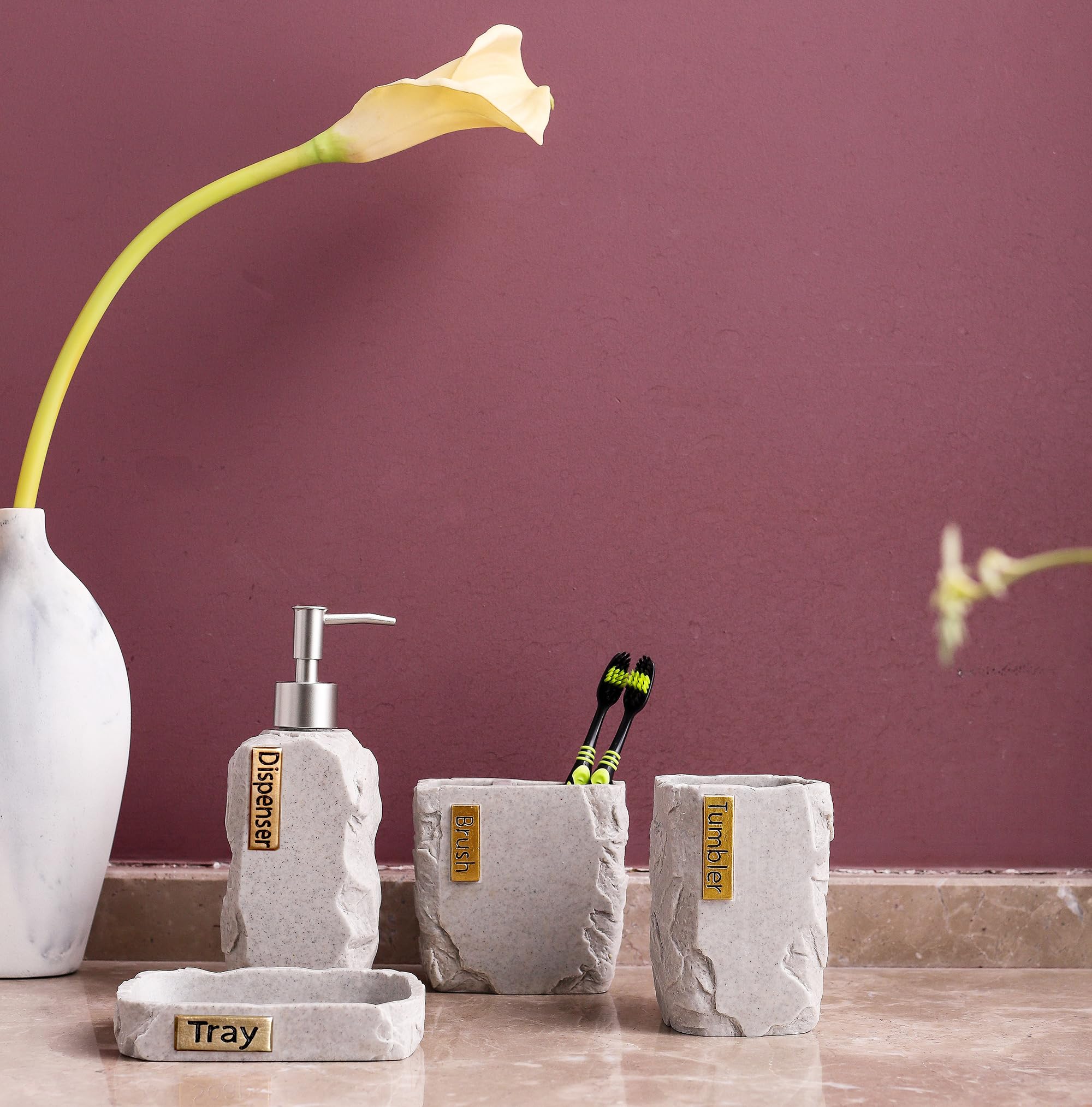 Hymmah Marble Bathroom Accessories Set - 4 Piece Farmhouse Decor with Toothbrush Holder, Soap Dispenser, Soap Dish & Tumbler | Modern Apartment Essentials for Bathroom Organization & Stylish Home Decor