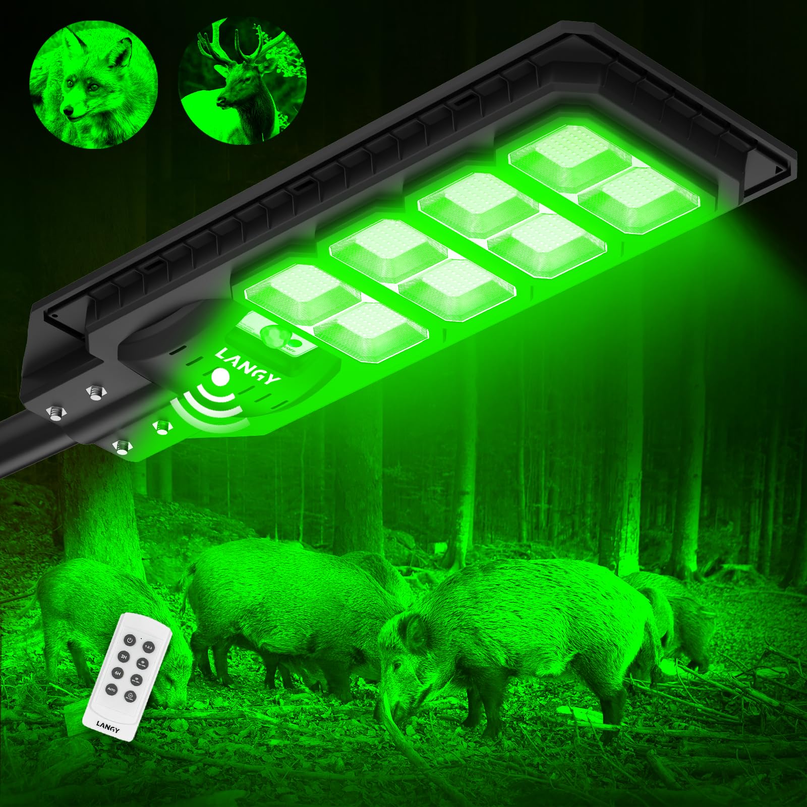 2 Pack Solar Powered Hunting Lights - 20000LM Green LED Hog Light for Night Hunting, Motion Activated Feeder Light for Hogs, Coyote, Deer & Varmint Control - Ideal for Backyard, Farm & Wildlife Management