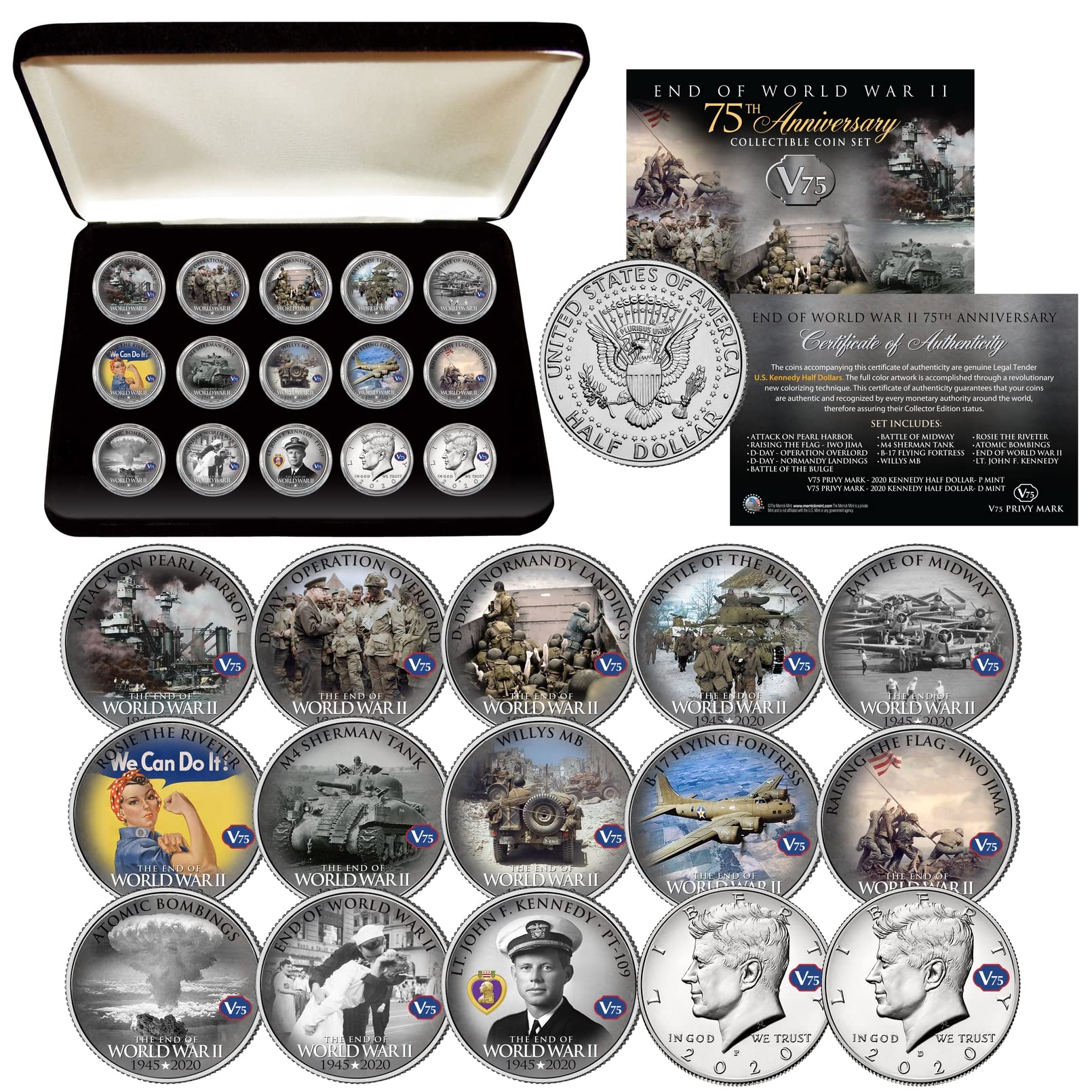 75th Anniversary WWII End JFK Half Dollar 15-Coin Collector Set with Display Box - Perfect for History Buffs, Coin Collectors & Gift Giving