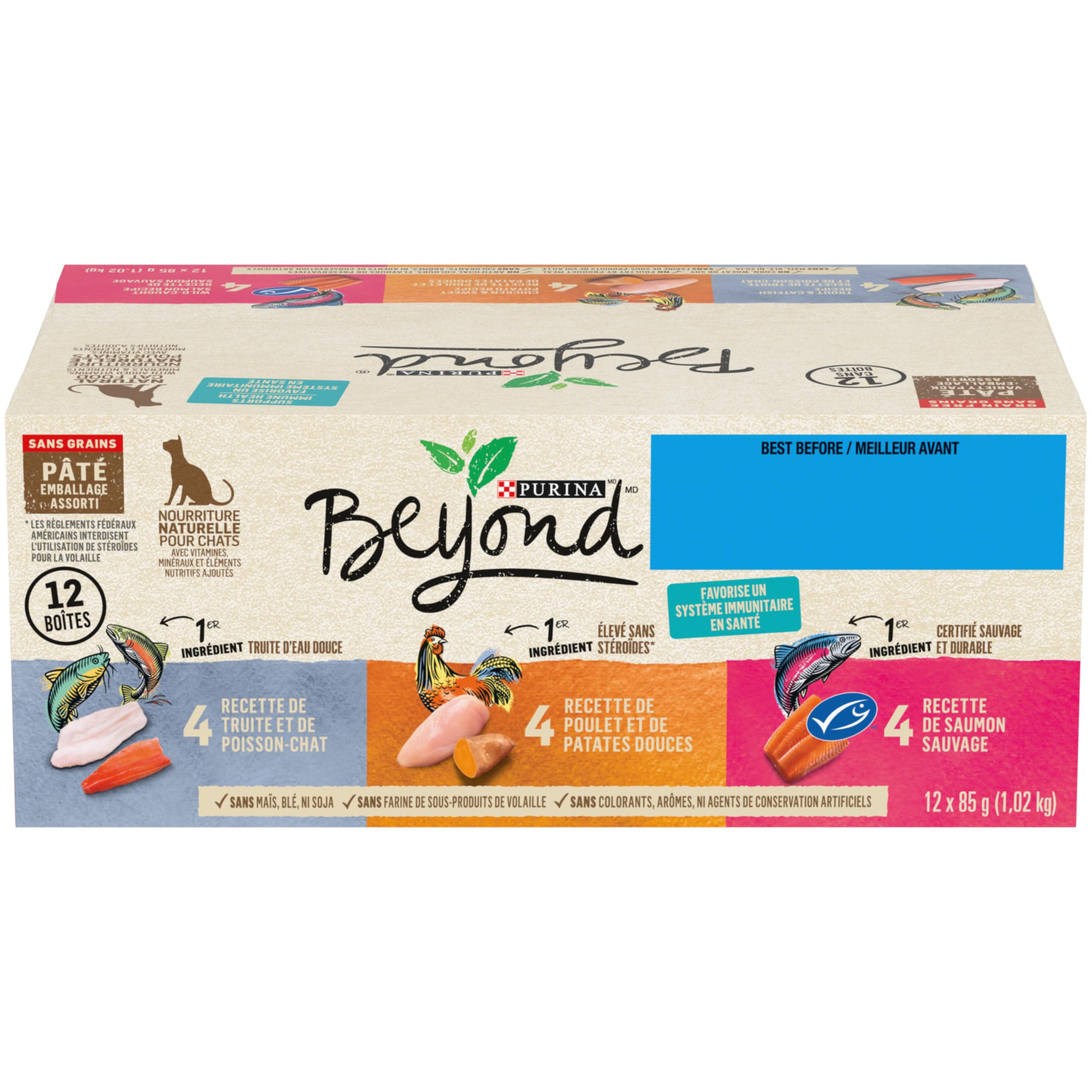 Beyond Grain Free Natural Wet Cat Food Pate Variety Pack - 3 Flavors (Chicken, Turkey, Salmon) 85g Cans (12 Pack) for Adult Cats - High Protein, Healthy Meal for Indoor & Outdoor Cats - Perfect for Picky Eaters & Sensitive Stomachs