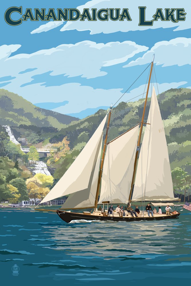 Schooner Sailboat on Lake Canandaigua, New York - 24x36 Signed Art Print, Wall Decor Poster - Perfect for Nautical Theme Living Room, Office or Lake House Decor