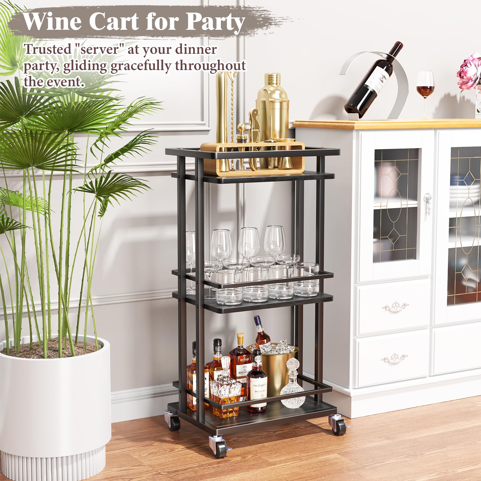 3 Tier Rolling Bar Cart - Portable Mini Liquor Cabinet for Wine, Beverages & Dinner Parties | Kitchen Storage Island & Serving Cart with Wheels | Coffee Bar Station for Living Room, Dining & Kitchen | Black | Perfect for Home Entertaining & Small Space Storage