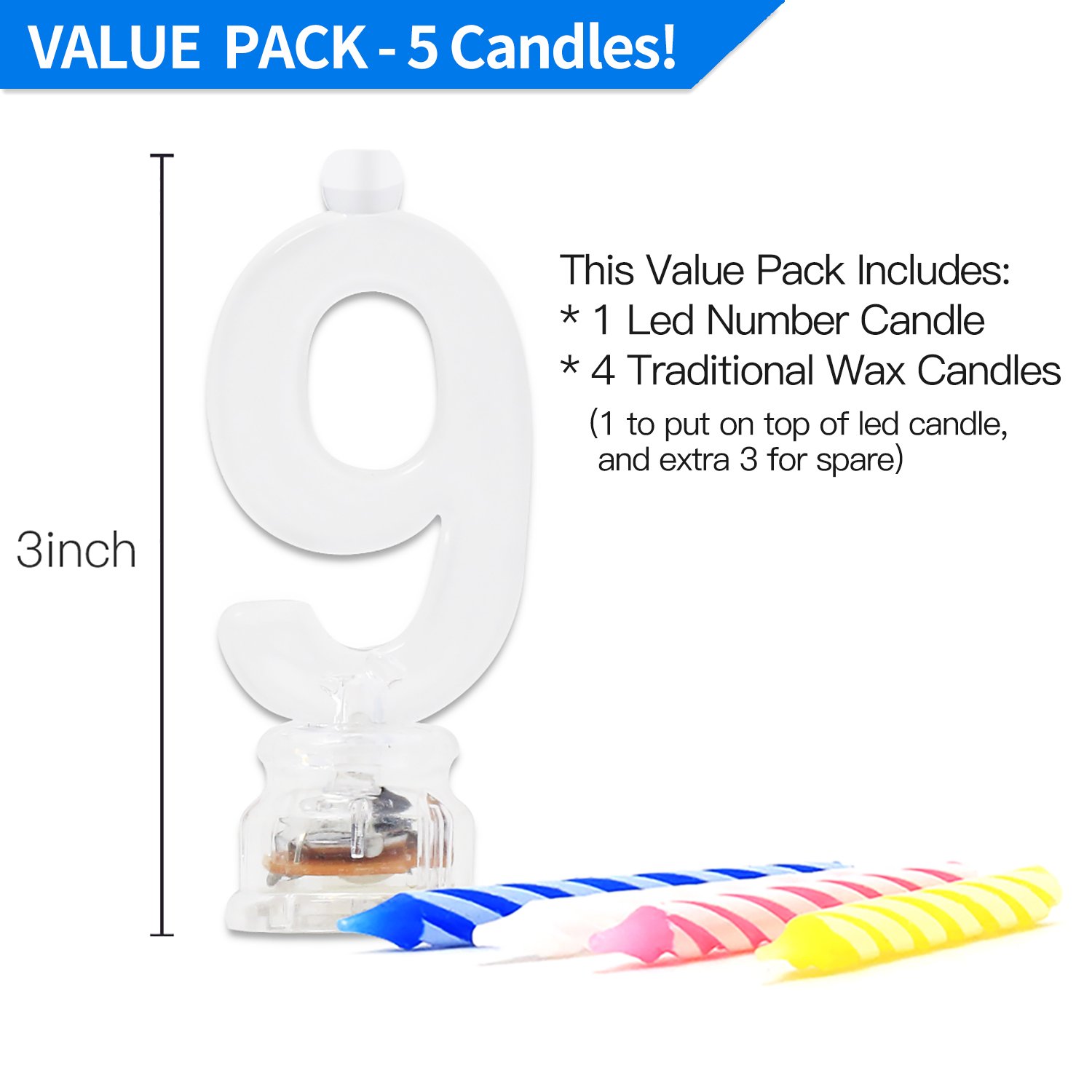 Flashing Multicolor LED Birthday Number 9 Candle Set - 4 Wax Candles & Color-Changing Cake Topper for Birthday Parties, Anniversaries, and Special Celebrations