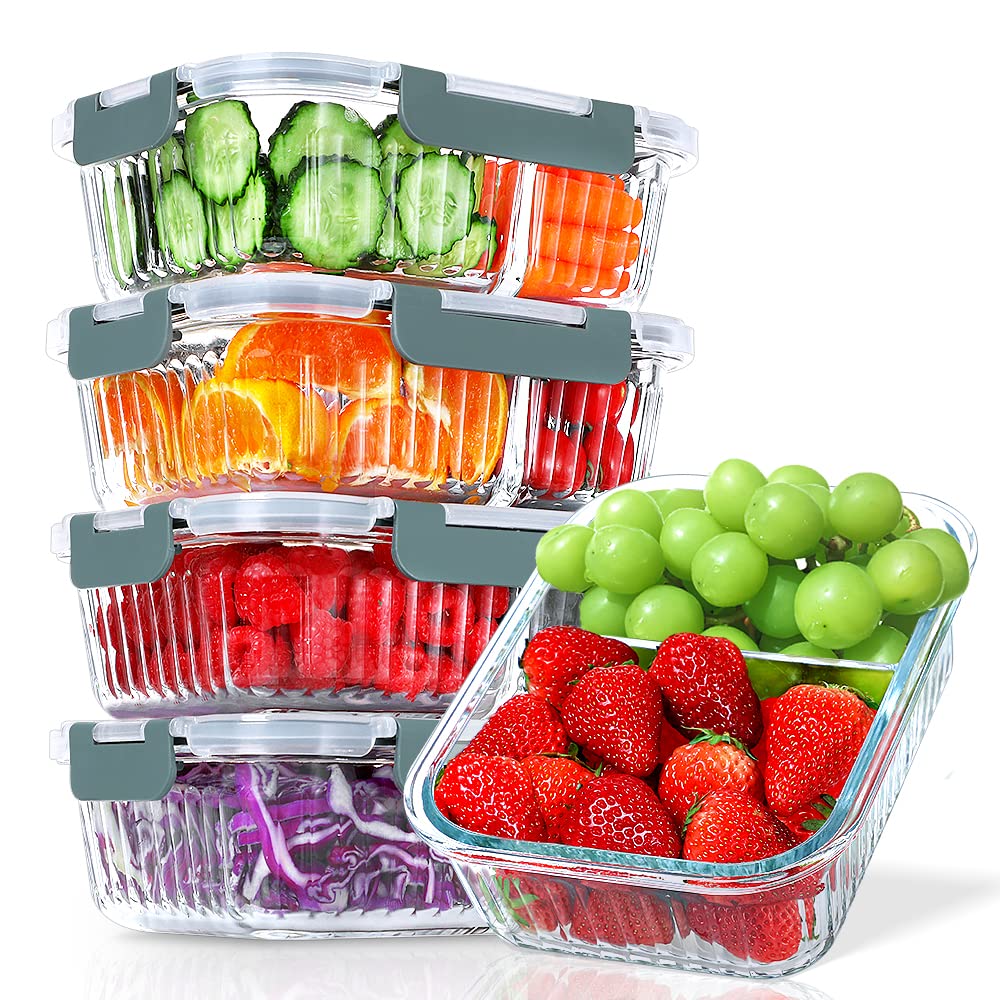 KOMUEE 36 oz Glass Meal Prep Containers with Lids - 5 Pack 2 Compartment Airtight Bento Box, BPA Free Microwave & Dishwasher Safe Food Storage - Perfect for Meal Prepping, Lunches, Leftovers & Freezer Storage