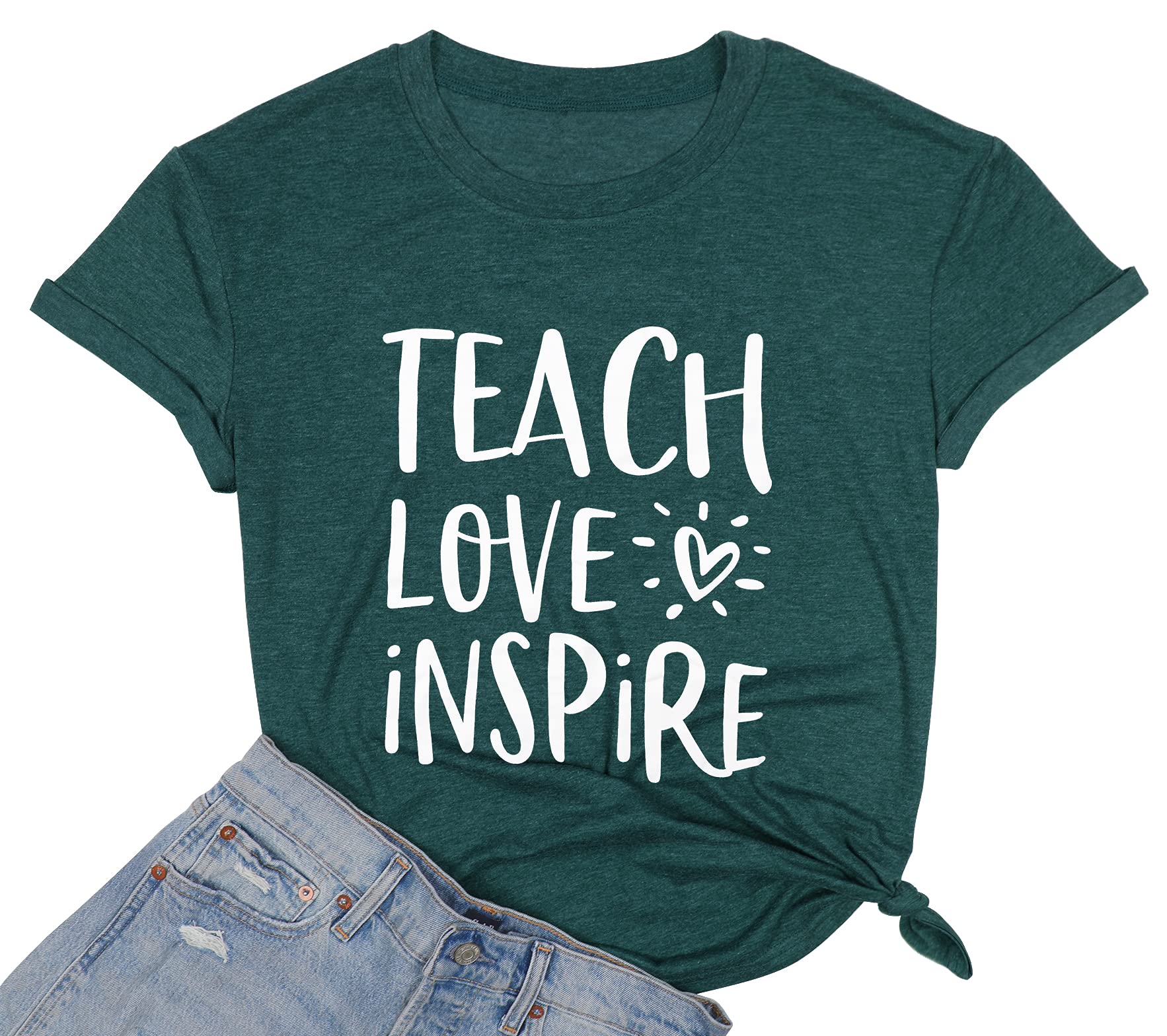 Funny Teacher T-Shirt for Women - Teach Love Inspire Graphic Tee - Casual Short Sleeve Letter Print Top - Perfect for Classroom, Teacher Appreciation Week & School Events