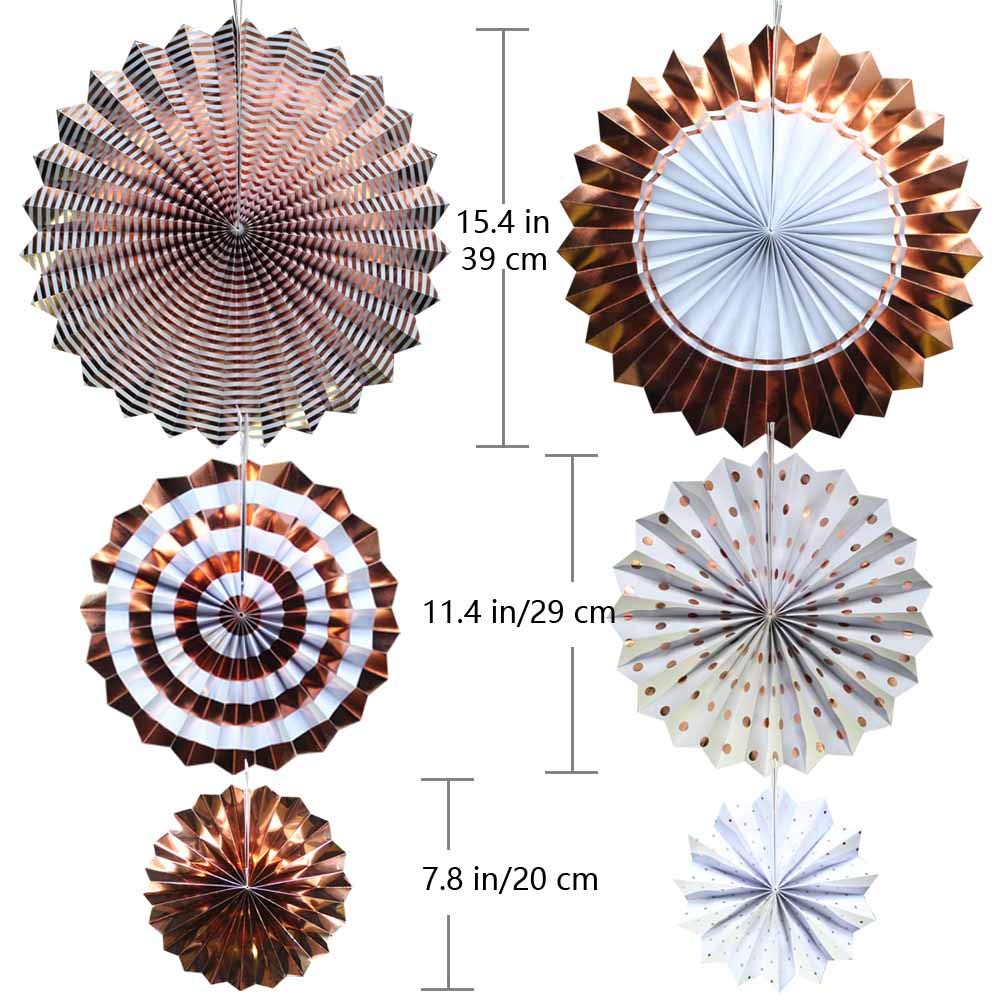 Rose Gold Paper Fans - Set of 6 Wedding Party Decorations for Birthday, Carnival & Welcome Events - Elegant Floral Backdrop for Photo Booths, Baby Showers & Bridal Showers