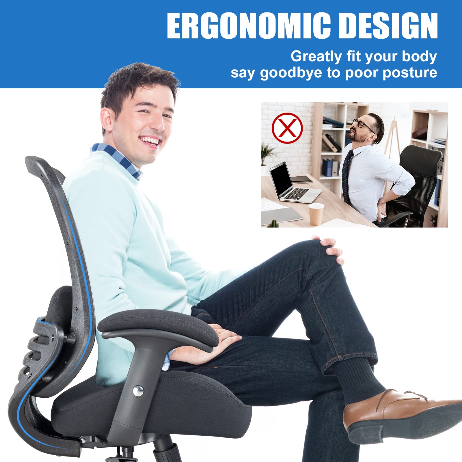 Ergonomic Office Chair with Adjustable Height, Mesh Back & Lumbar Support - Black - Perfect for Home Office, Gaming & Computer Workstations