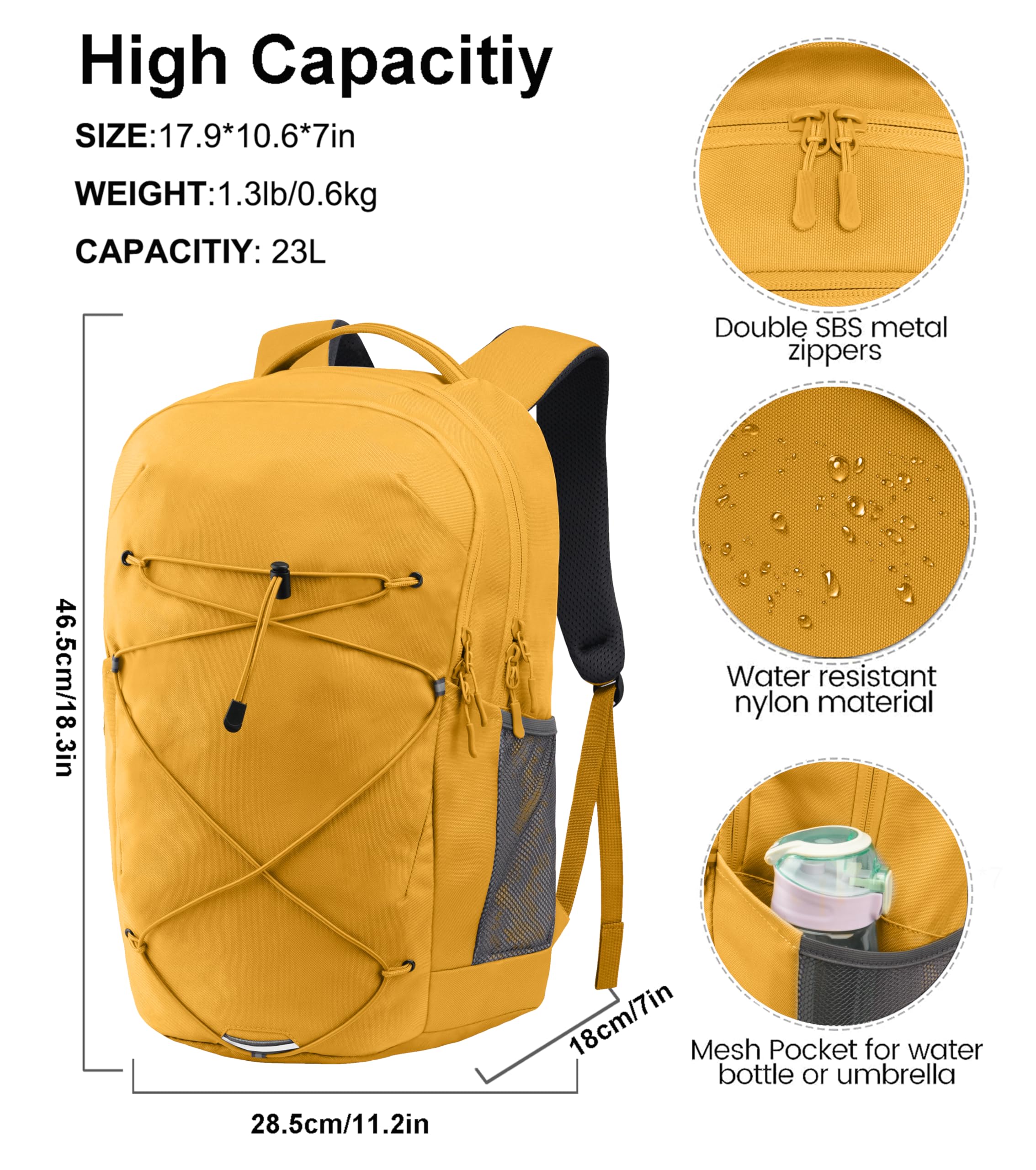 Waterproof Hiking Backpack for Men & Women - Travel, College & Sports (Yellow)
