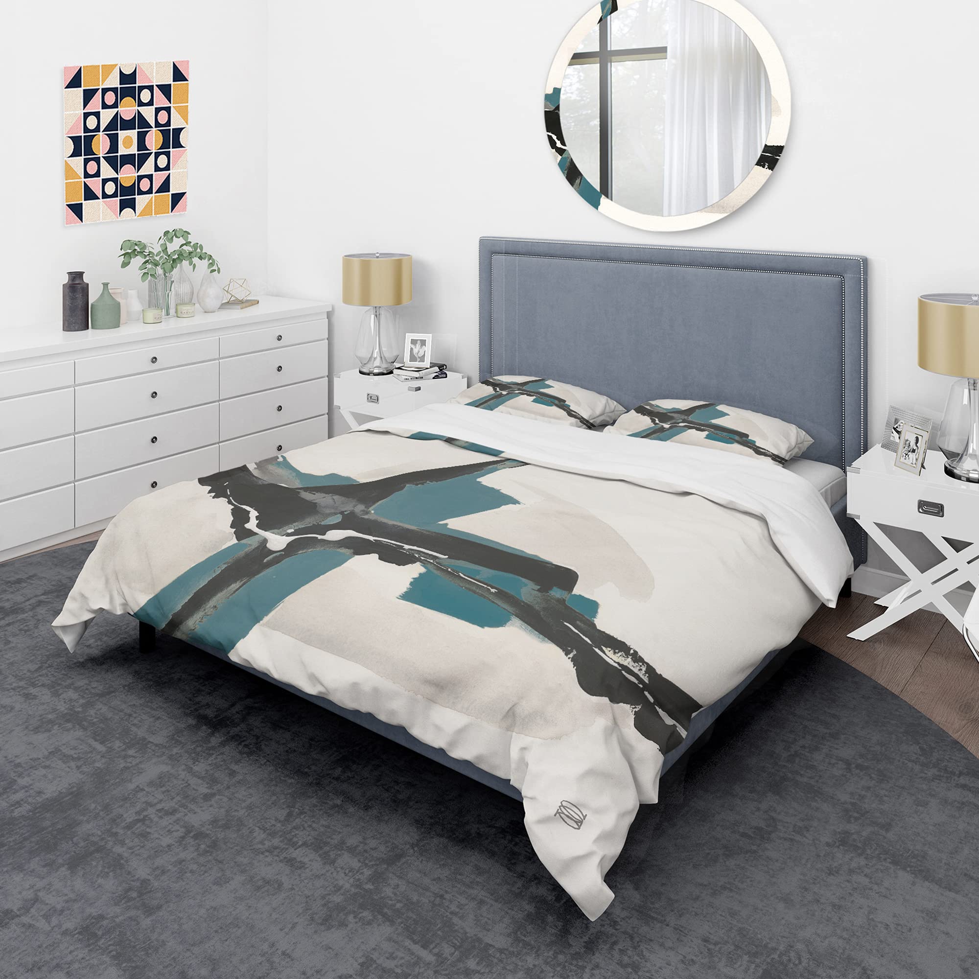 DesignQ Glam Cerulean Modern Duvet Cover Set - Twin Size 3-Piece Abstract Bedding in Multi-Colors | All-Season Contemporary Comforter Cover for Teen & Guest Bedrooms