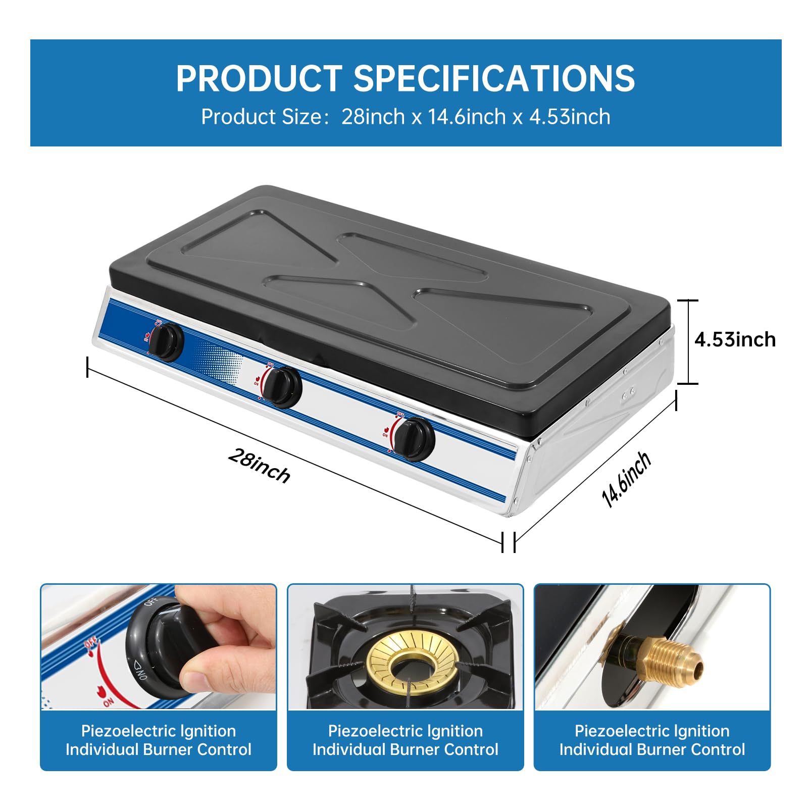3 Burner Propane Gas Cooktop - Portable Stainless Steel Stove with Auto Ignition for RV, Apartment & Outdoor Camping | Perfect for Backyard BBQs, Tailgating & Emergency Cooking