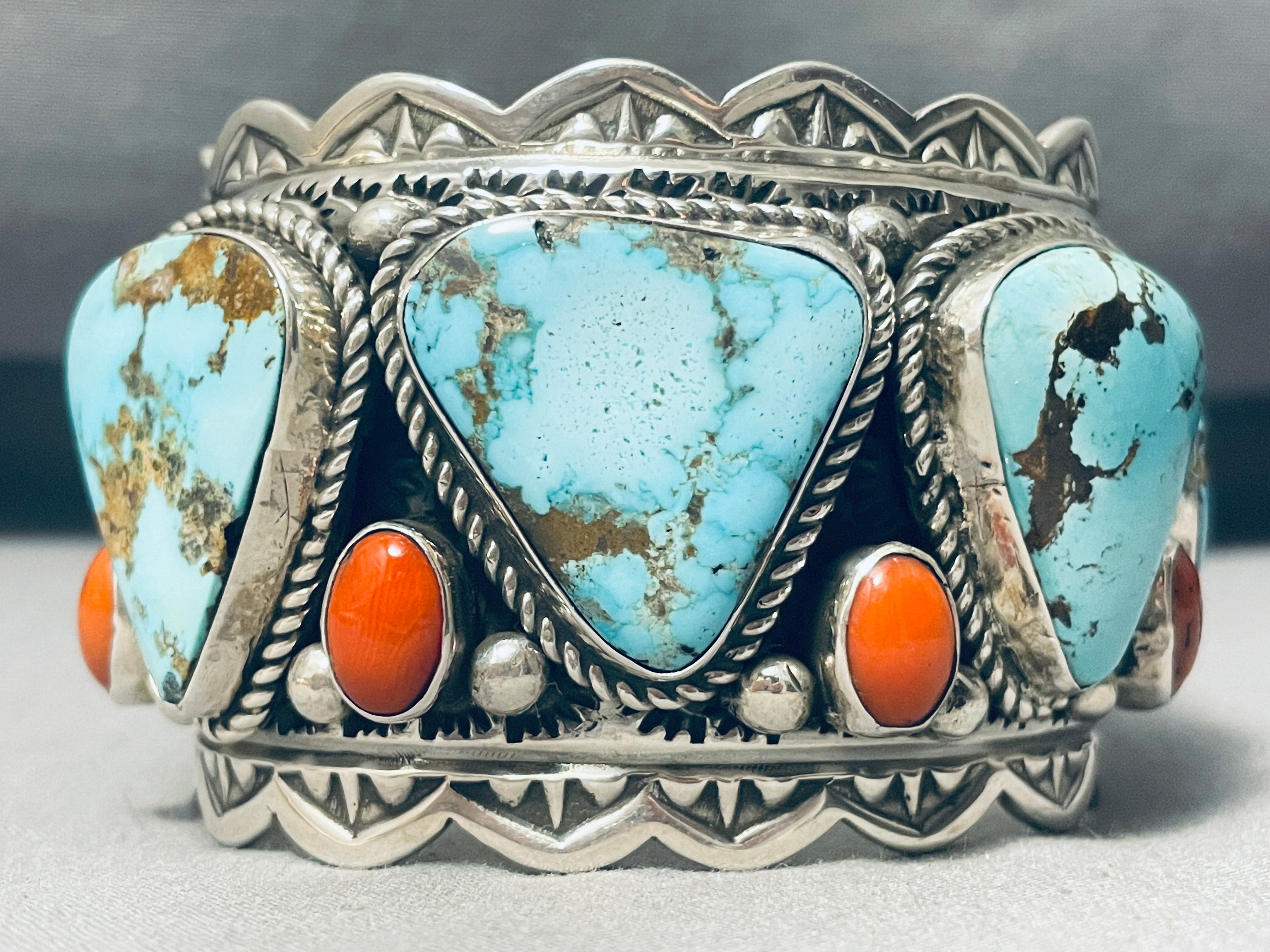 171g Native American Navajo Turquoise Coral Sterling Silver Bracelet for Men - Handcrafted Southwest Jewelry for Gifts, Weddings & Spiritual Healing