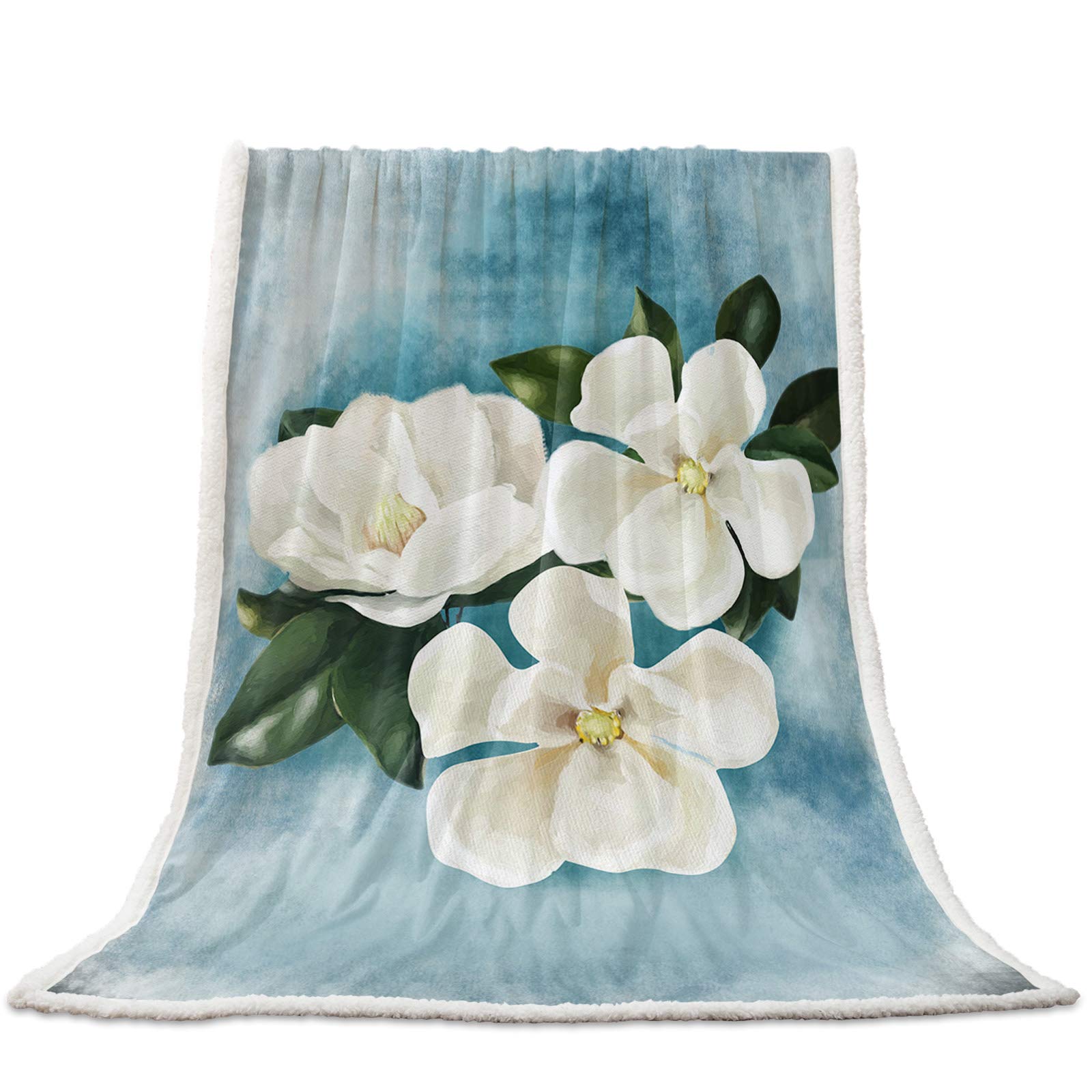 AXMSYun Flannel Fleece Sherpa Blanket - White Magnolia Flowers & Green Leaf Design - Ultra Soft Cozy Lightweight Throw Blanket for Baby, Kids & Adults - 60