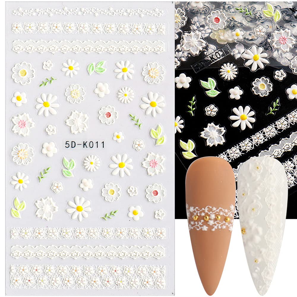 5D 3D Flower Nail Art Stickers - Embossed Lace Butterfly Nail Decals with Stereoscopic Engraved Patterns for Spring Summer Nail Decorations (Black & White) | DIY Manicure, Salon Nail Design, Party & Wedding Nail Art