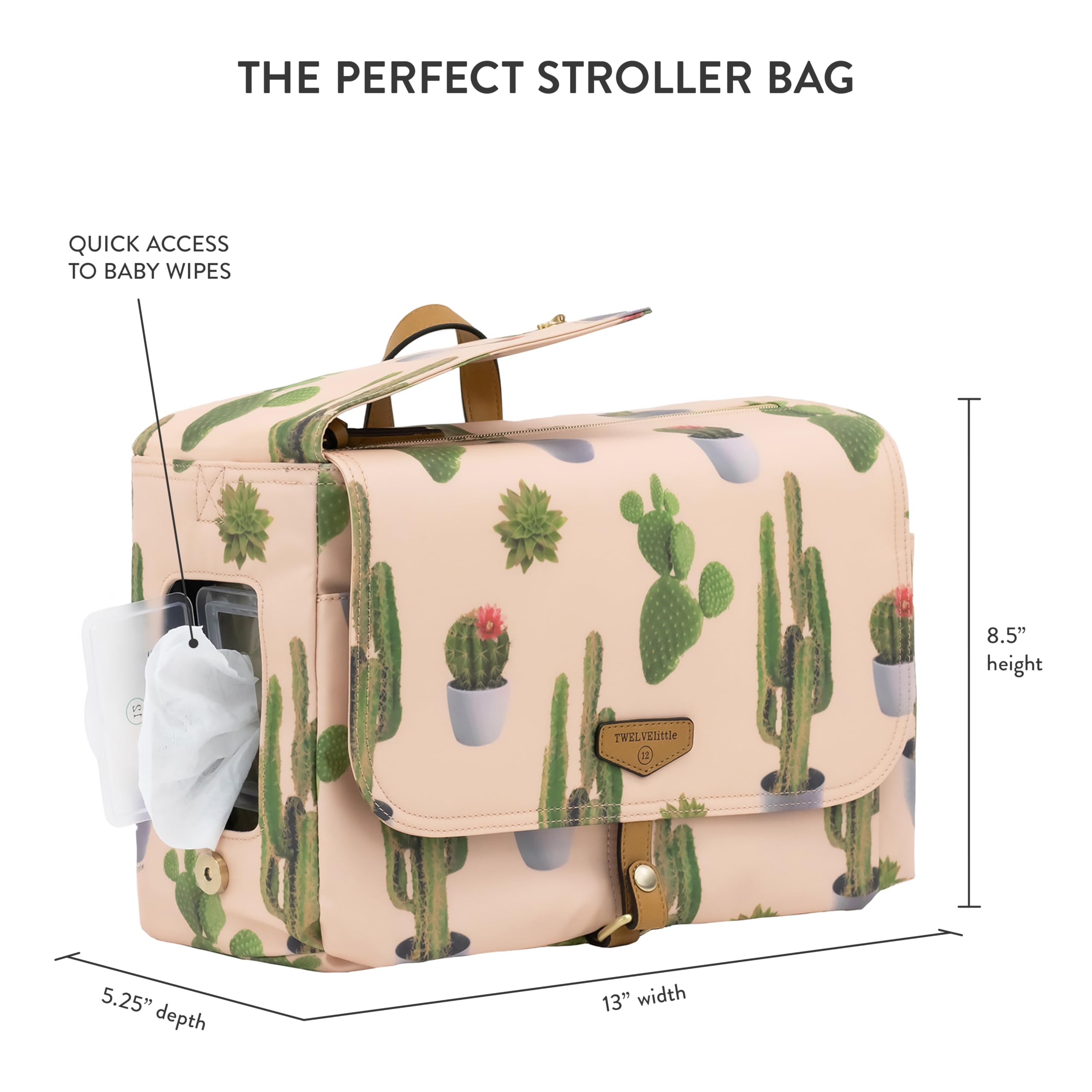TWELVElittle On-The-Go Stroller Caddy 3.0 - Premium Travel Diaper Bag with Stroller Clips & Changing Pad - Lightweight Messenger Baby Bag for Parents - Perfect for Daycare, Shopping & Family Outings - Cactus Design