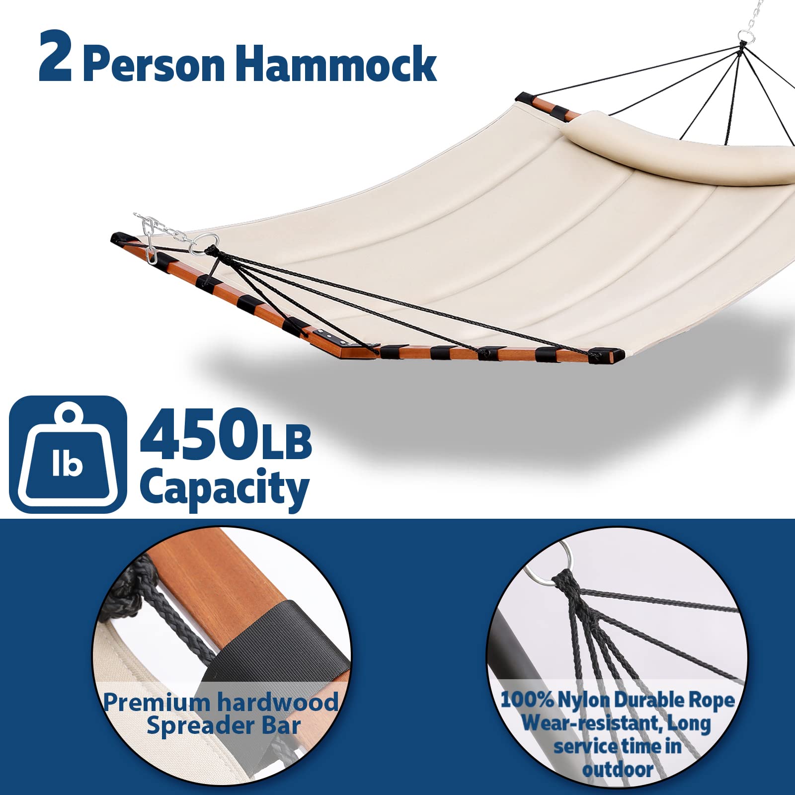 TegerDeger 12FT 2 Person Hammock - 450LB Capacity Heavy Duty Outdoor Hammock with V-Shaped Hardwood Spreader Bar & Nylon Rope - Perfect for Patio, Garden, Backyard, Beach & Poolside Relaxation (Beige)
