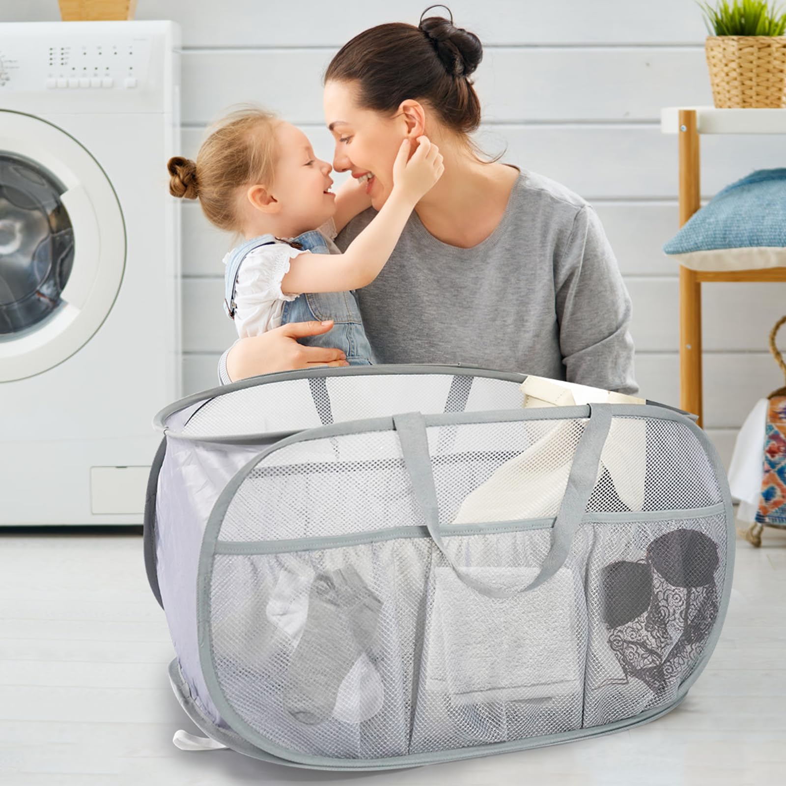 Upgrade Collapsible Laundry Basket with Mesh Bags - Foldable Pop Up Hamper for Clothes, Toys & Travel - Lightweight & Portable for Dorm, Home & Camping (Grey) | Perfect for Laundry Day, College Dorm Storage & Outdoor Adventures