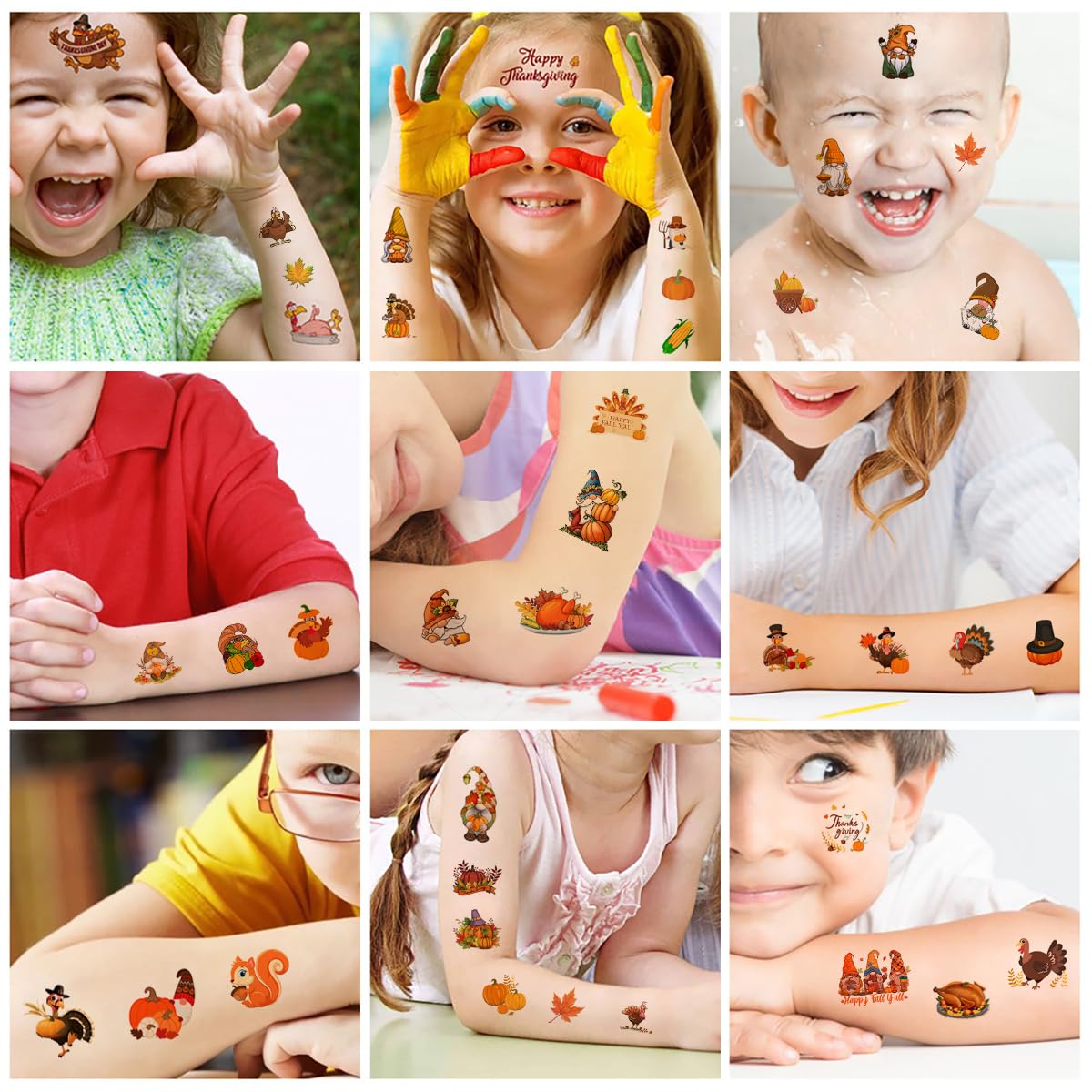 12 Sheets Thanksgiving Temporary Tattoos for Kids & Adults - Fall Party Supplies with Maple Leaf, Gnomes, Pumpkin & Turkey Designs - Perfect for Thanksgiving Decorations, Autumn Festivals & Seasonal Celebrations