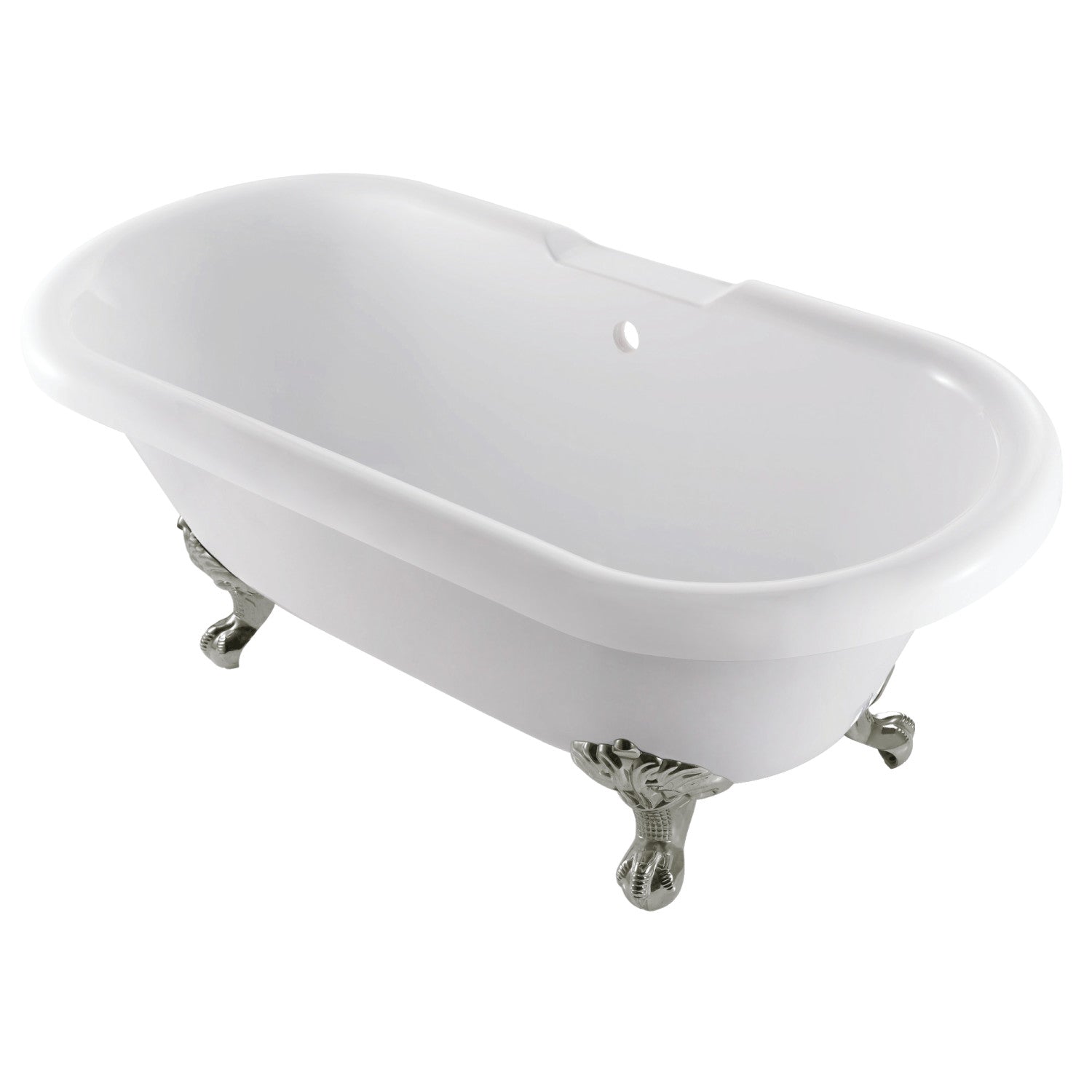 67 Inch Acrylic Oval Double Ended Clawfoot Bathtub - Glossy White with Brushed Nickel Feet - Freestanding Soaking Tub for Spa-Like Relaxation in Bathroom or Master Suite