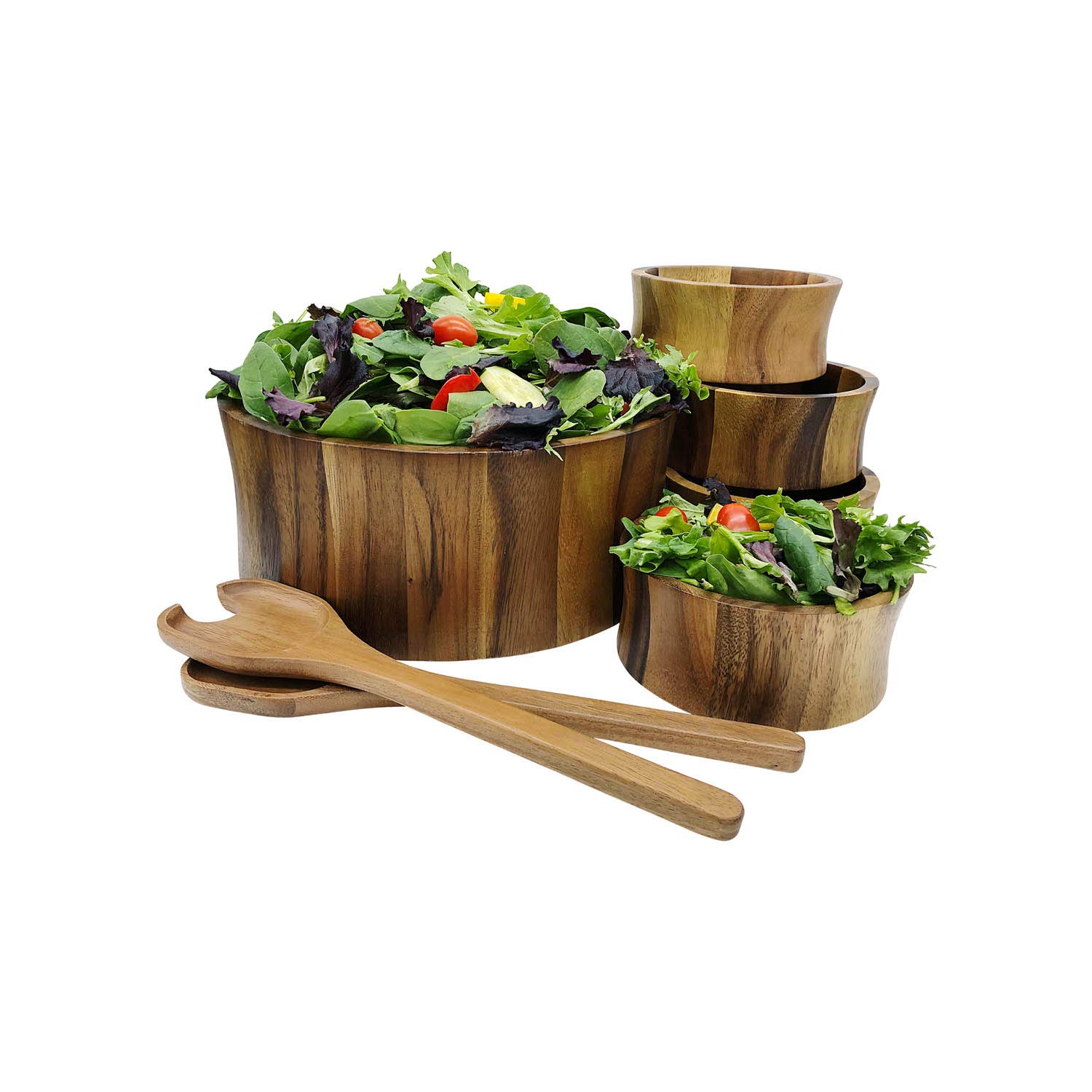 12-Inch Acacia Wood Curved Extra Large Salad Bowl Set with 4 Matching Bowls - Perfect for Family Dinners, Entertaining Guests & Healthy Meal Prep