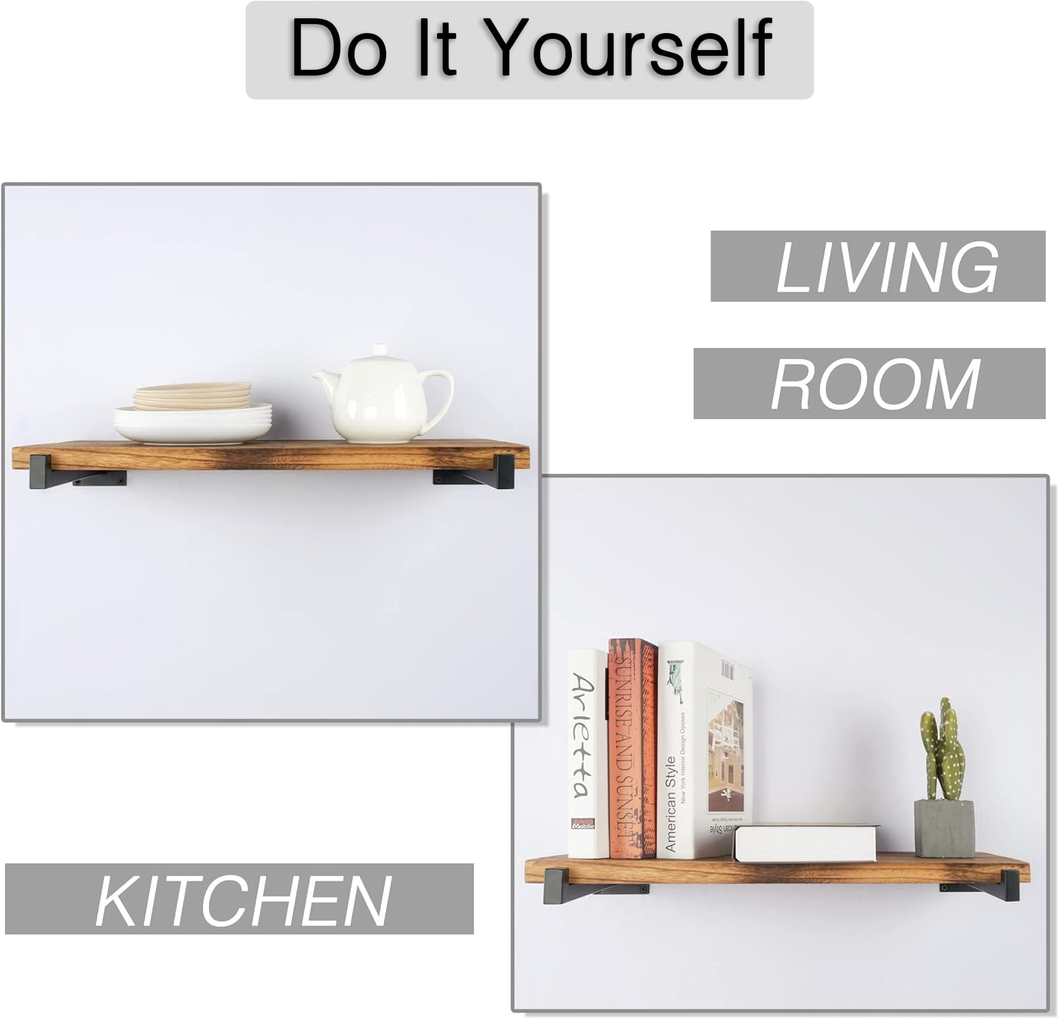 OVOV 6 Pack 12 Inch Black Floating Shelf Brackets with Lip - Heavy Duty Industrial Metal Shelving Supports for Wall Mounted Shelves - Includes Screws - Perfect for Kitchen, Bathroom, Garage & Home Storage Organization