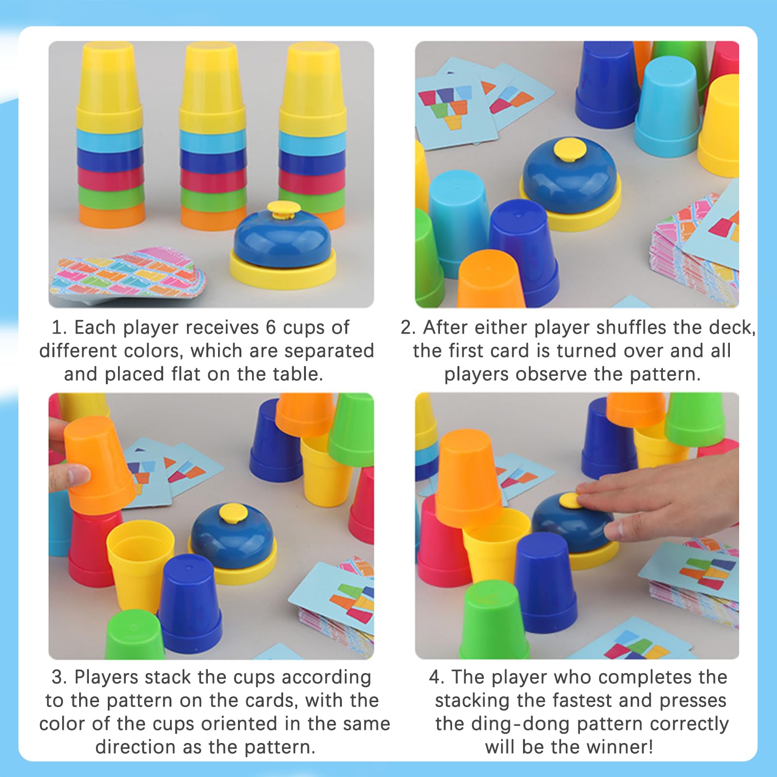 Quick Stacking Cups Set - Kids Speed Training Game with 54 Cards & Bell for Family Fun
