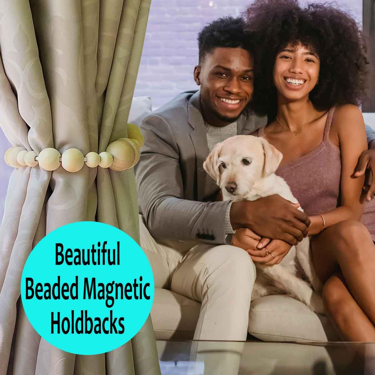 Magnetic Wood Bead Curtain Tiebacks - Strong Hold with Powerful Magnets - Boho Chic Home Decor for Bedroom, Living Room & Nursery - 2 Pack Natural Wood Tiebacks for Curtains & Drapes - Perfect for Window Treatments & Room Dividers