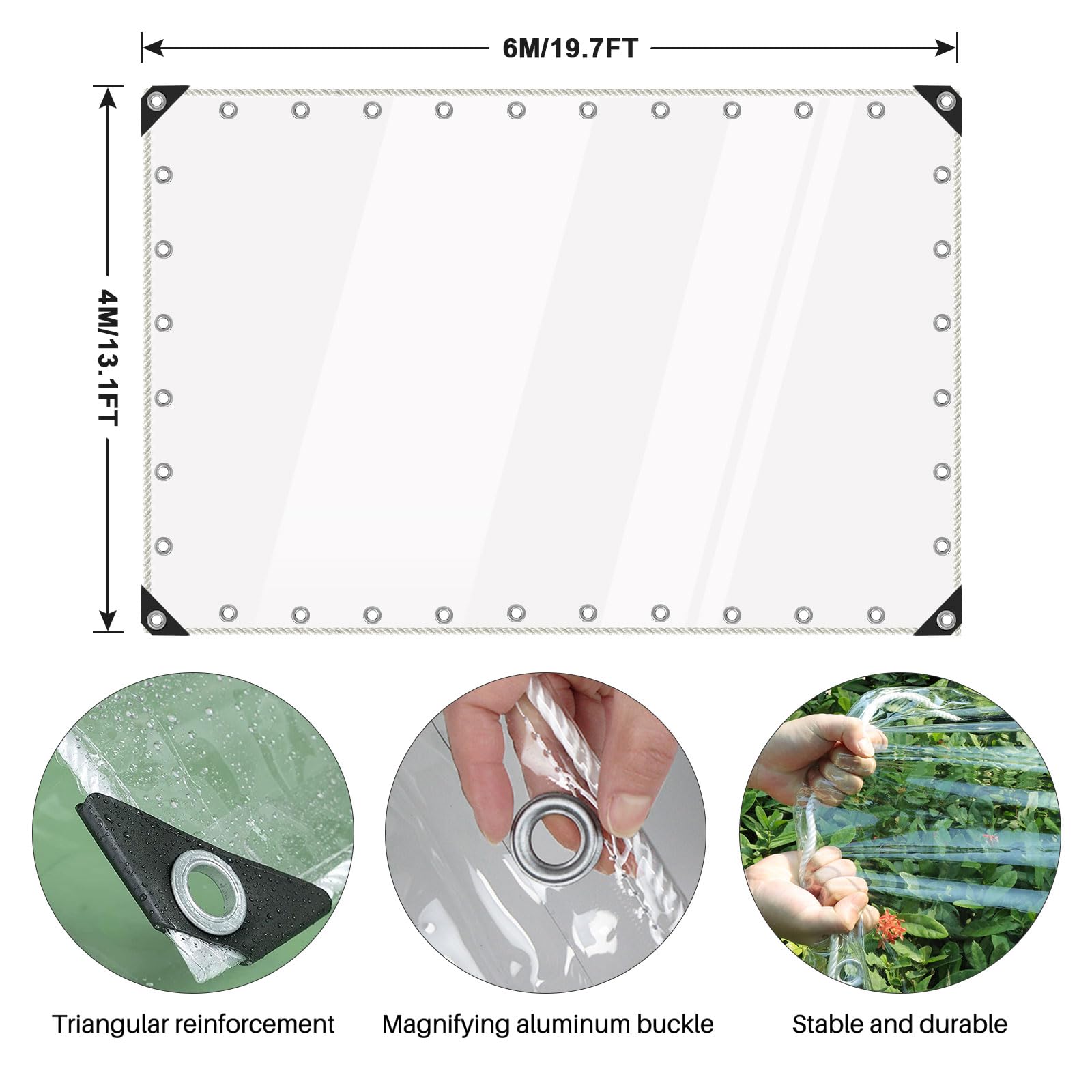 Heavy Duty Clear PVC Vinyl Tarpaulin - Waterproof, UV Resistant, Reinforced Edges with Grommets & Ropes - Tear-Resistant Transparent Cover for Greenhouse, Patio, Garden, Outdoor Use - Perfect for Weather Protection, Camping, and Temporary Shelters