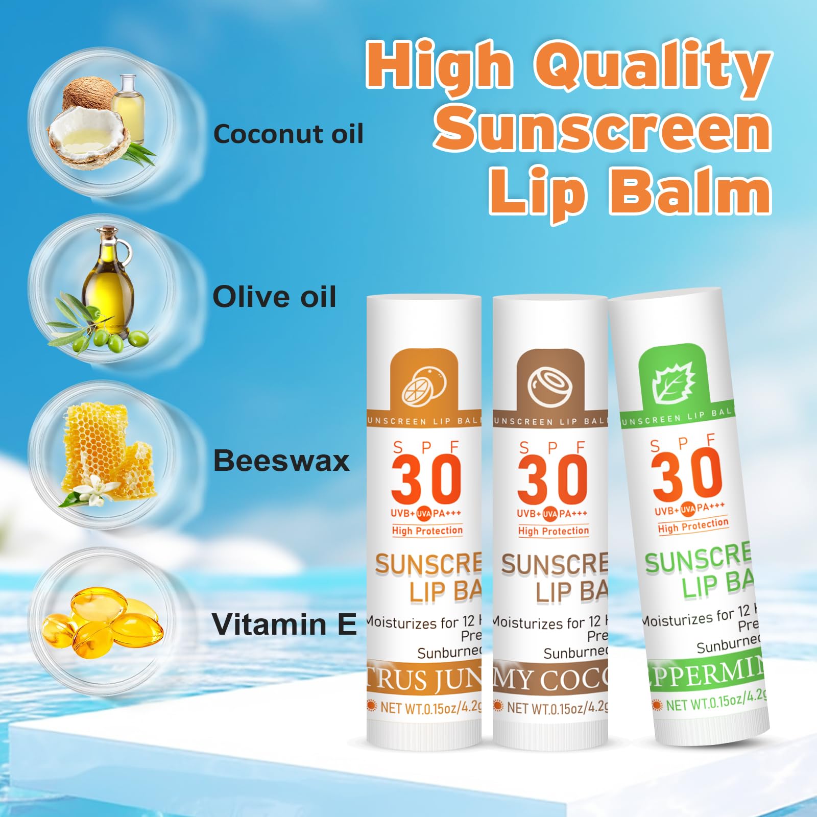 SPF 30 Lip Balm with Sunscreen - 32 Pack Bulk Travel Size, Hydrating Lip Balm with Vitamin E & Coconut Oil - 8 Flavors Variety - Perfect for Outdoor Activities, Hiking, Beach & Daily Lip Care