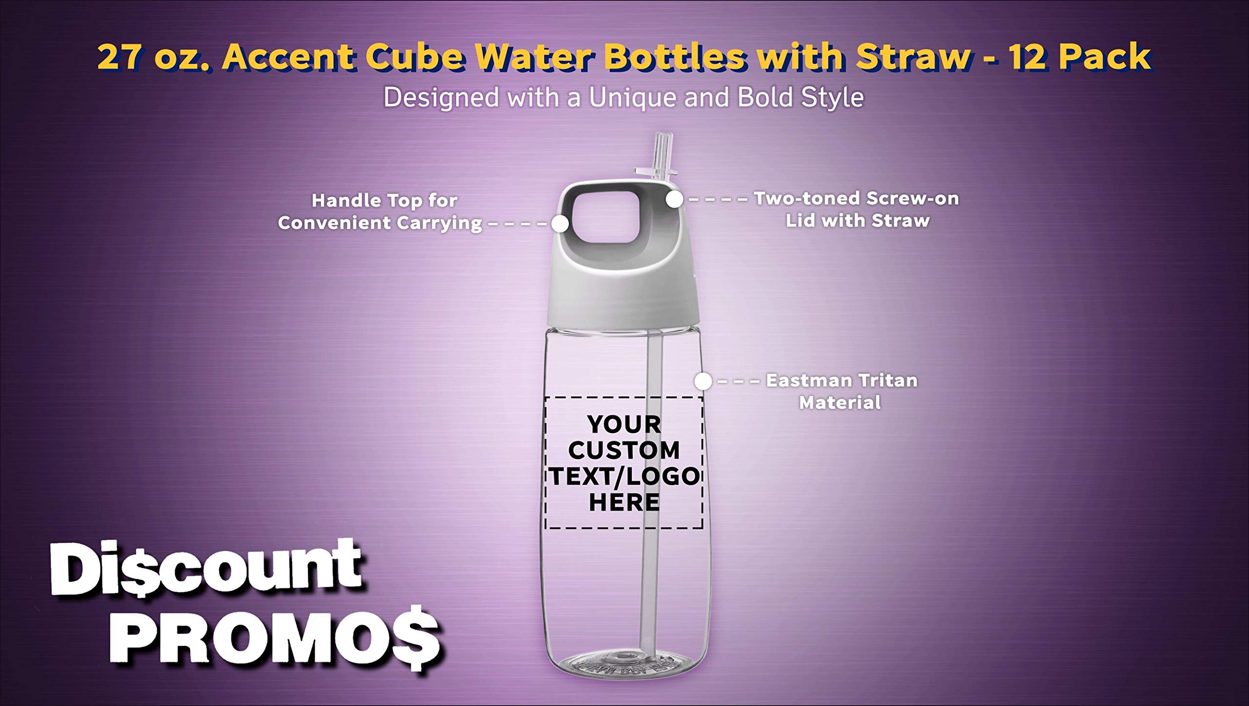 12 Pack 27oz Tritan Plastic Water Bottles with Straw - Custom Text & Logo - BPA Free, Leak Proof - Perfect for Gym, School, Office & Outdoor Activities - Silver Accent Cube Design