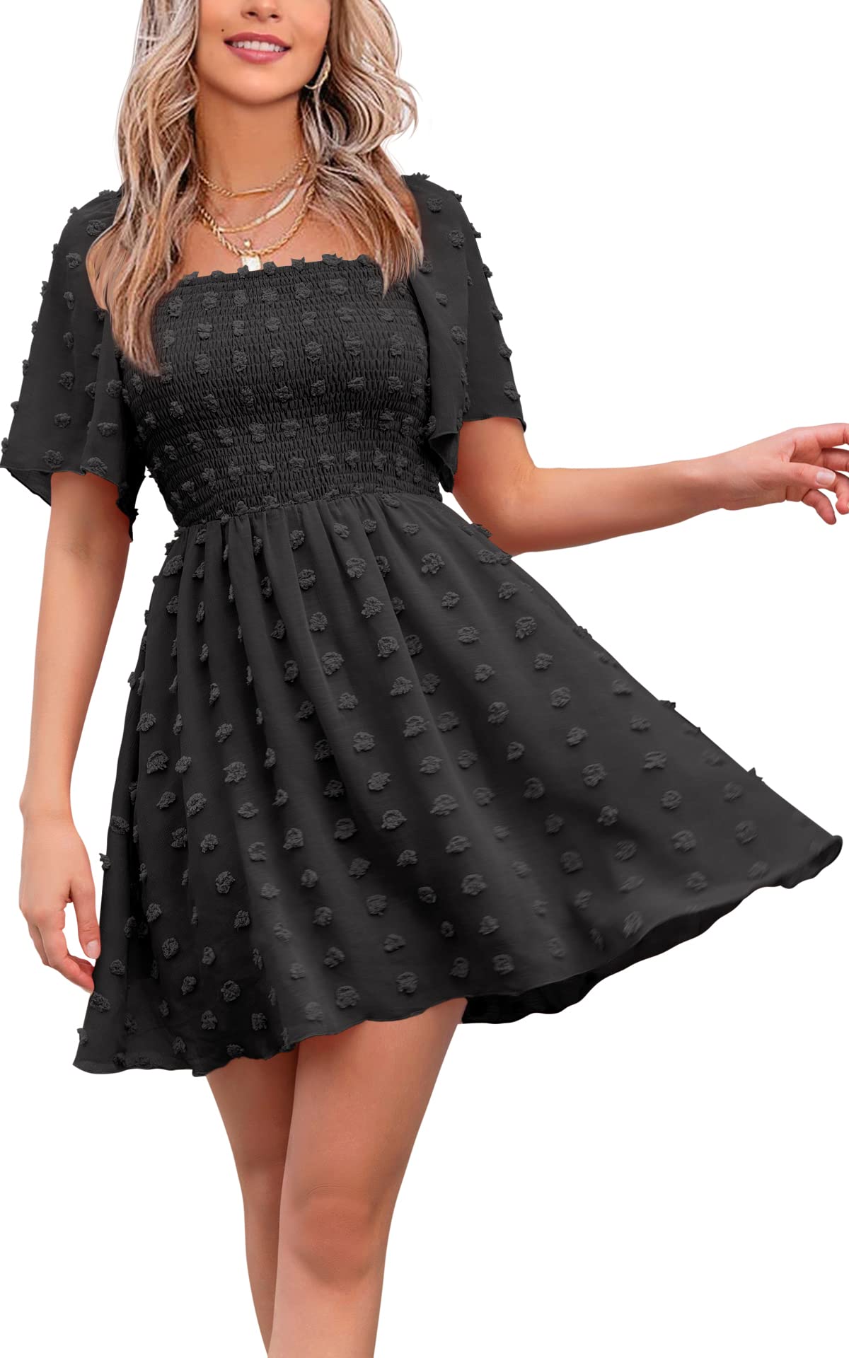 EXLURA Women's 2025 Summer Casual Square Neck Ruffle Short Sleeve Swiss Dot Flowy Mini Dress - Perfect for Beach Vacations, Date Nights & Summer Parties